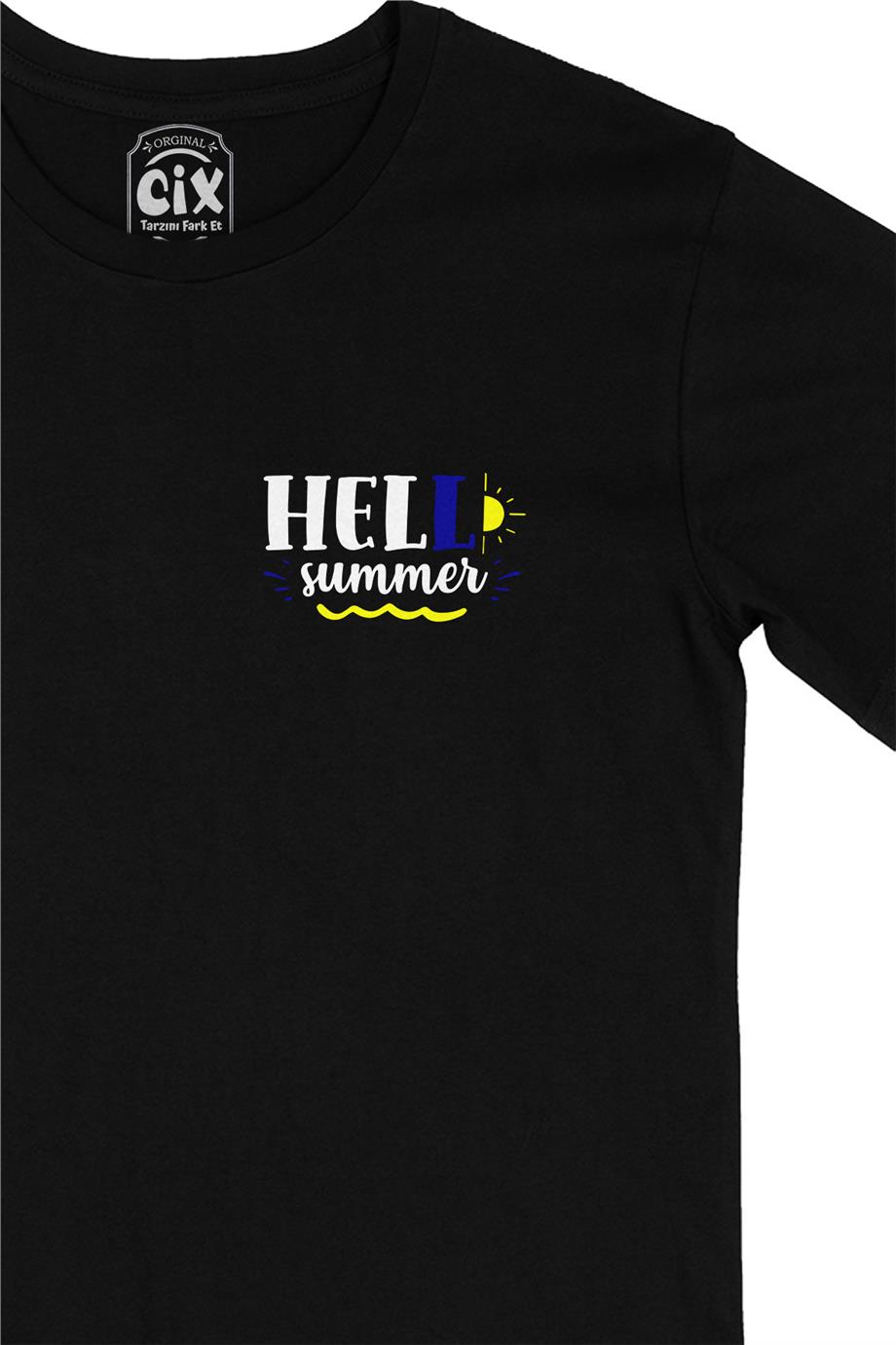Hello Summer Yaz Cep Tasarım Baskılı Siyah Tişört