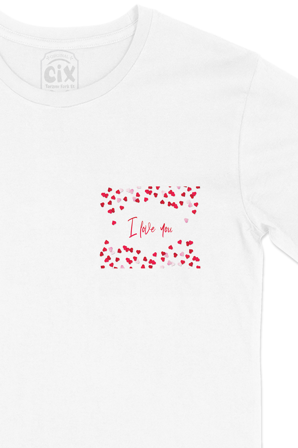 I Love You Kalpli Cep Logo Tasarımlı Beyaz Tişört