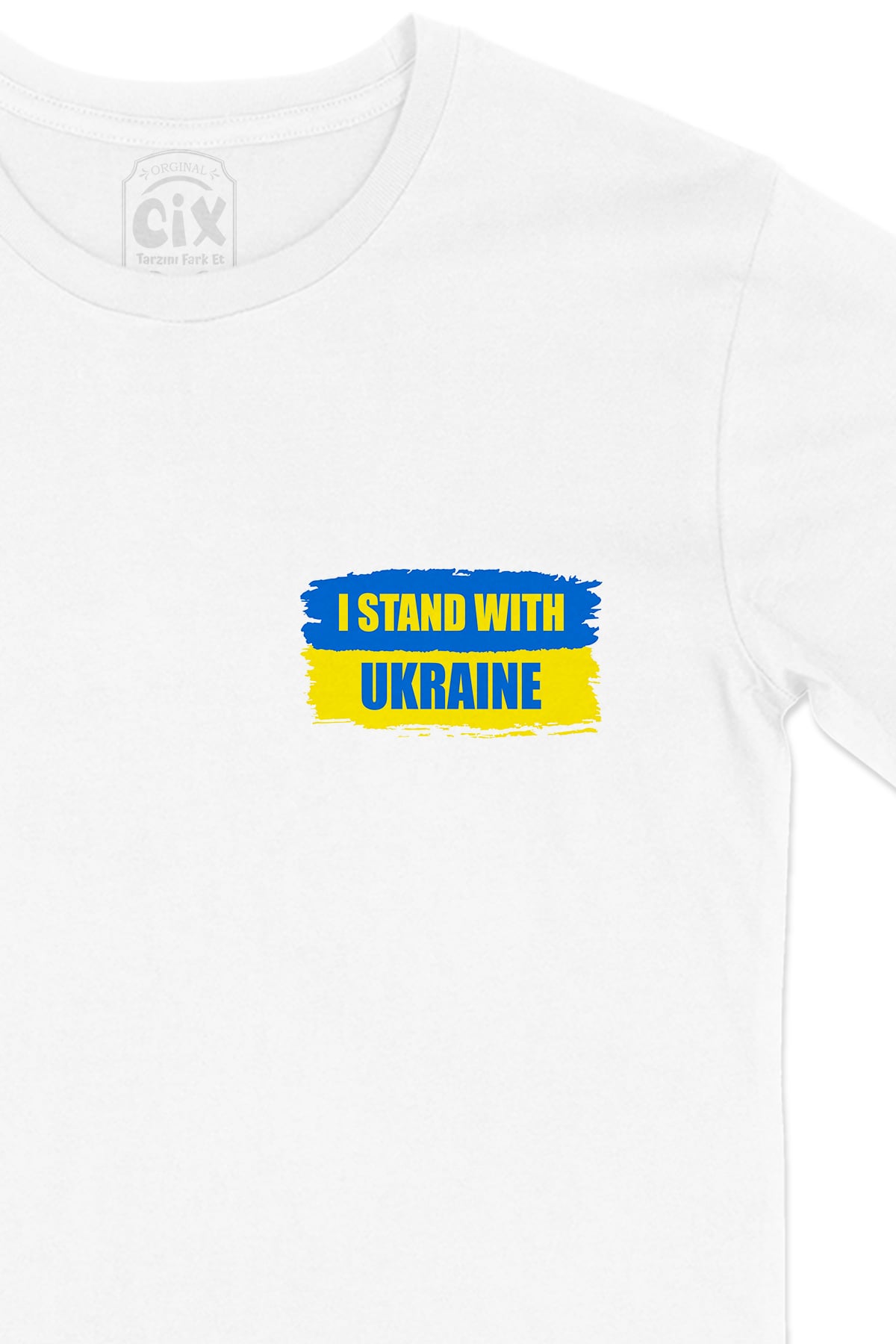 I Stand With Ukraine Ukrayna Cep Logo Tasarımlı Beyaz Tişört