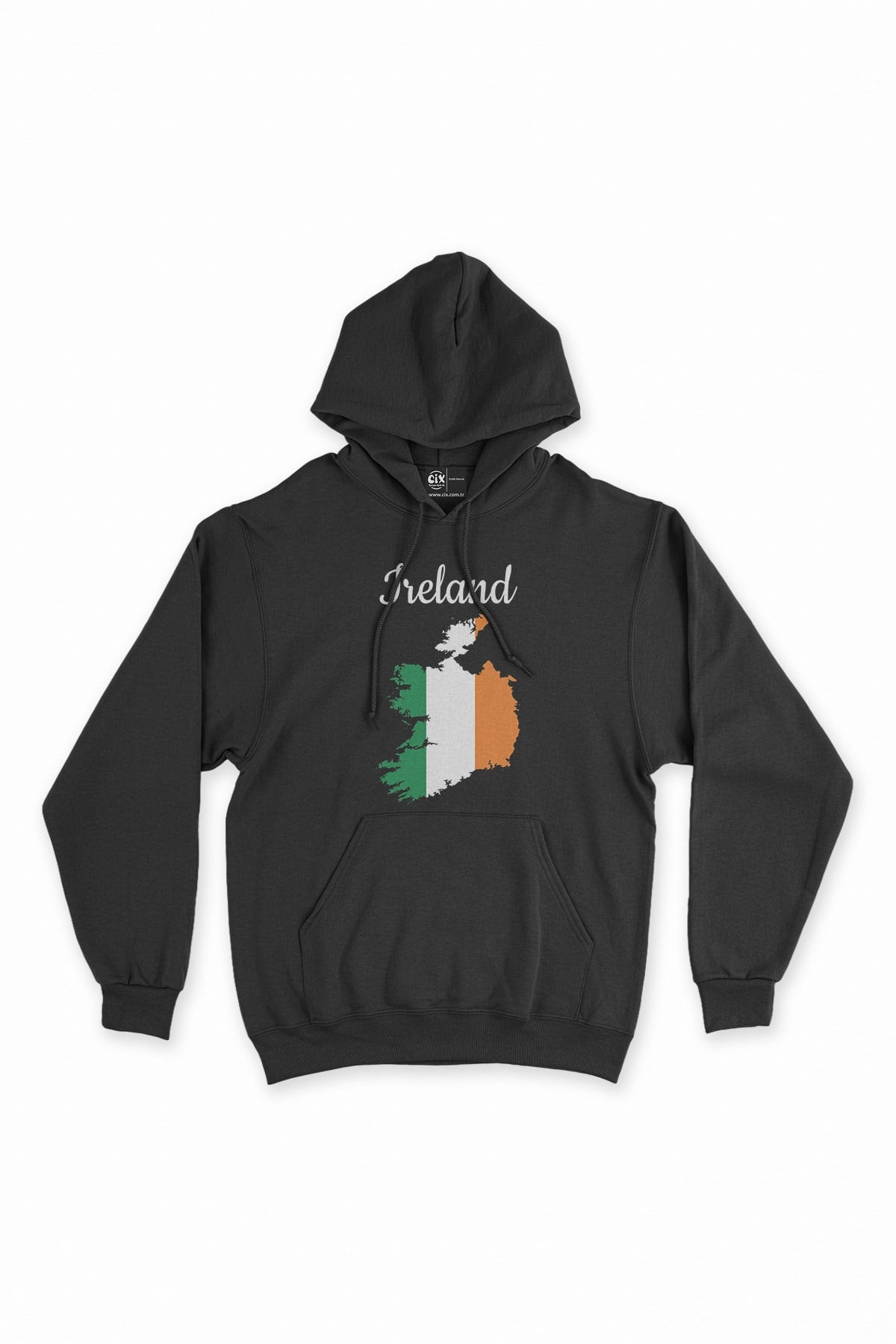 İrlanda Haritalı ve Bayraklı Siyah Kapşonlu Sweatshirt Hoodie