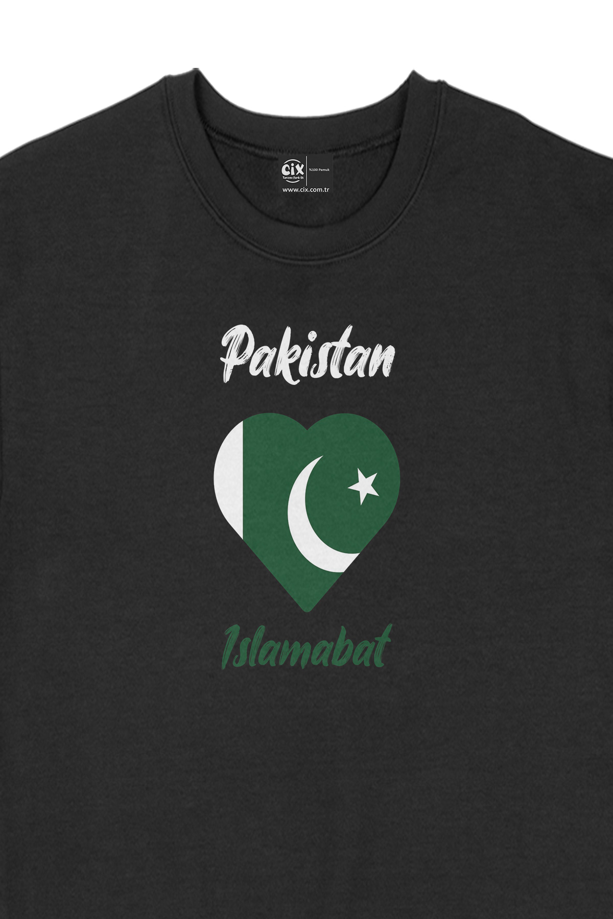 İslamabat Pakistan Bayraklı Kalpli Siyah Sweatshirt