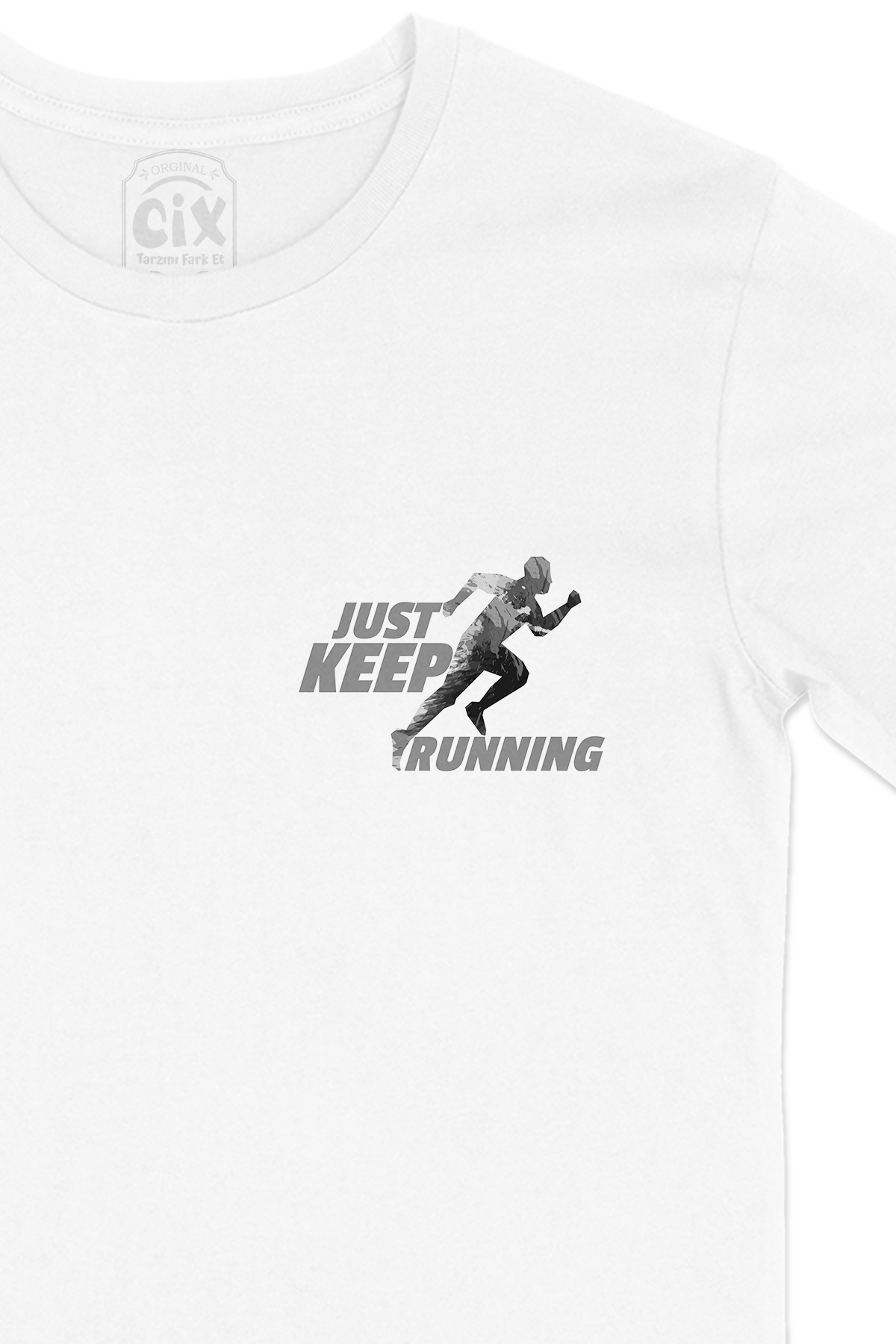 Just Keep Running Cep Logo Tasarımlı Beyaz Tişört