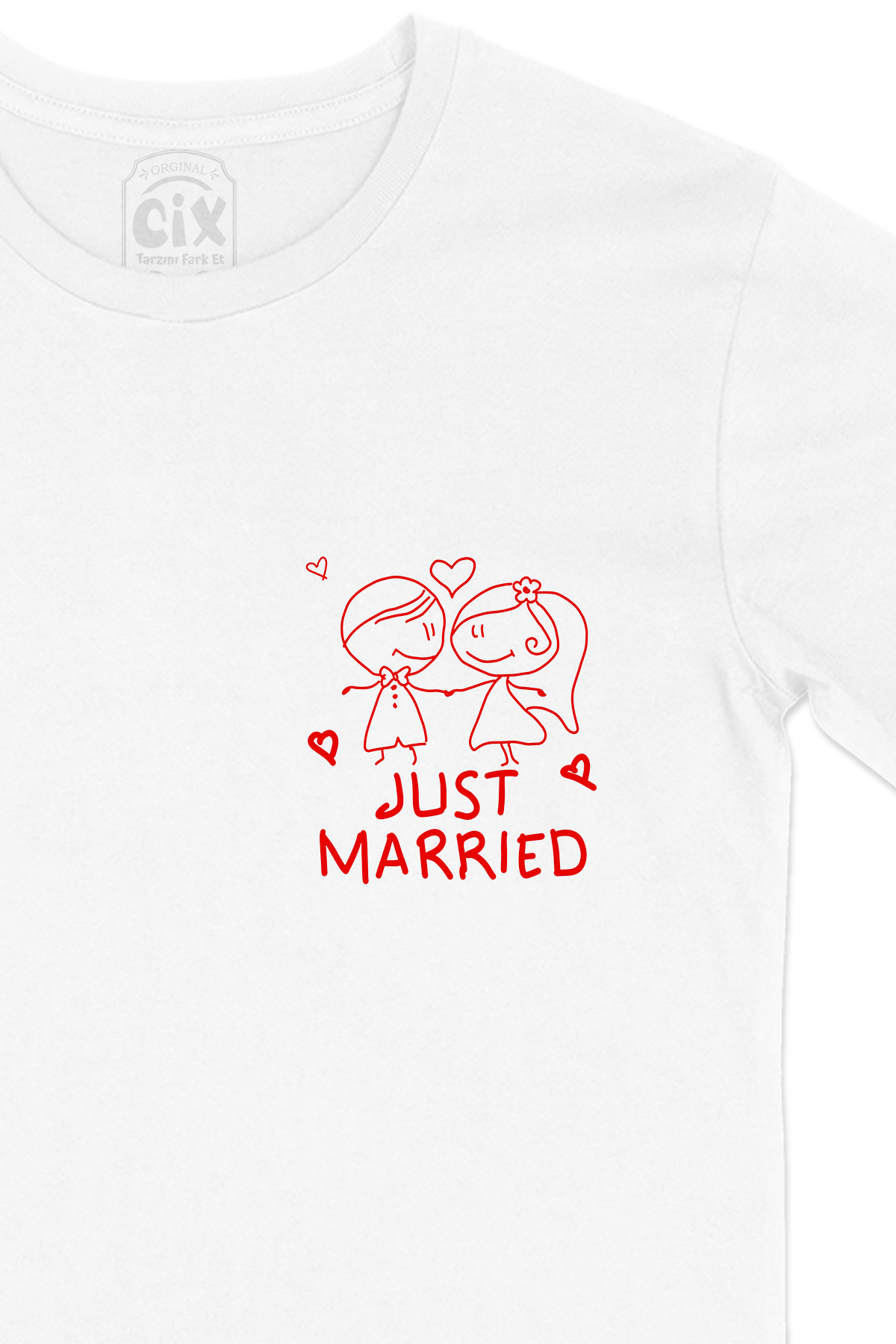 Just Married Çizimli Cep Logo Tasarımlı Beyaz Tişört