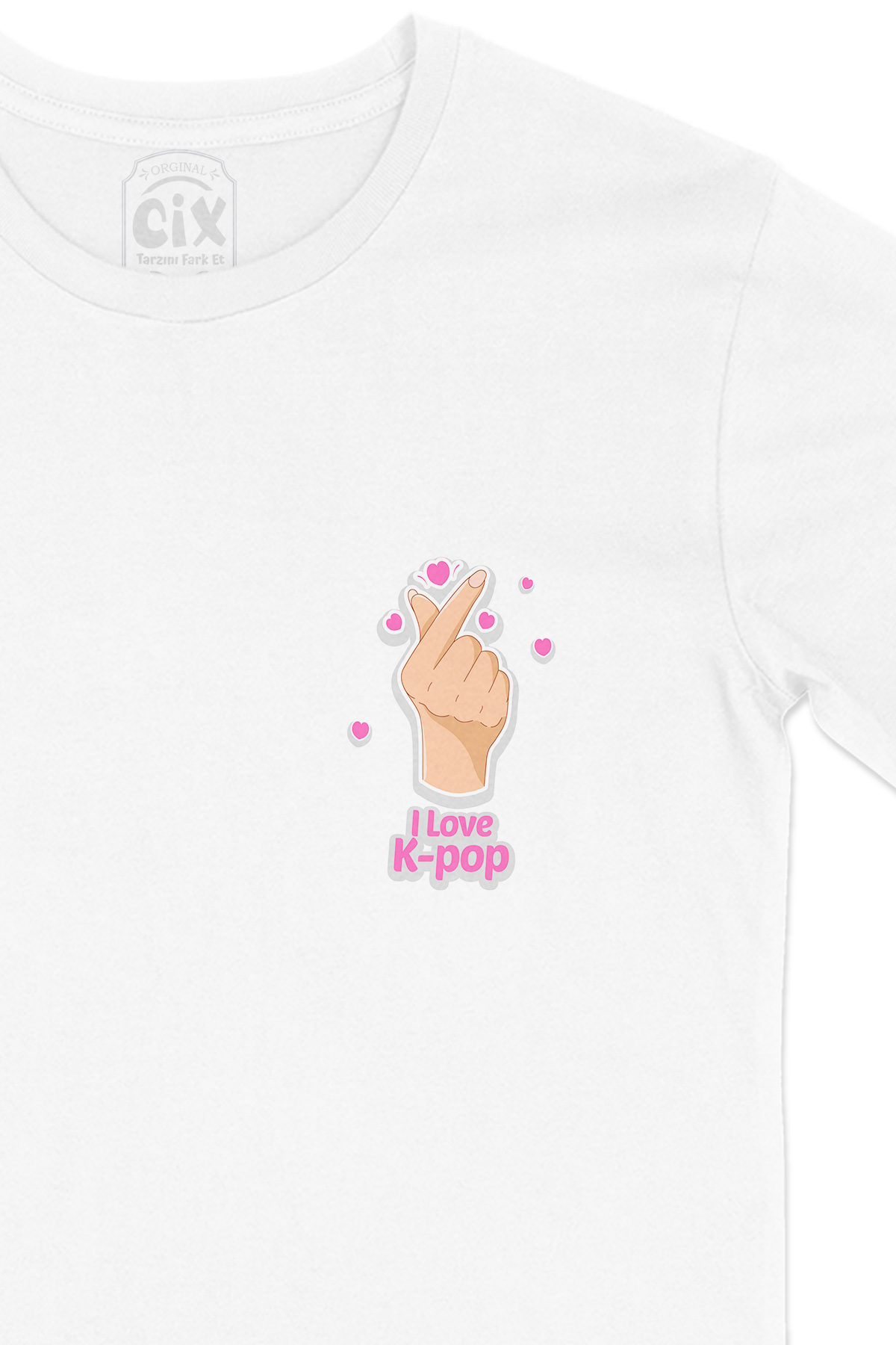 K Pop Finger Heart Cep Logo Tasarımlı Beyaz Tişört