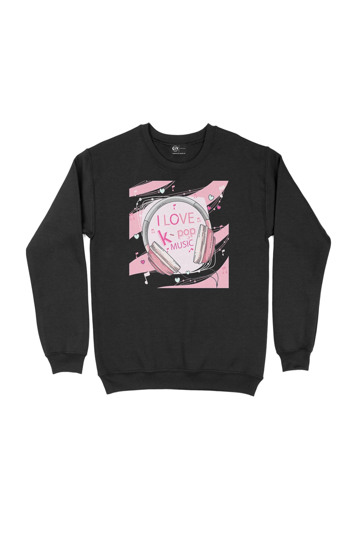 K-Pop Kulaklık Tasarımlı Siyah Sweatshirt