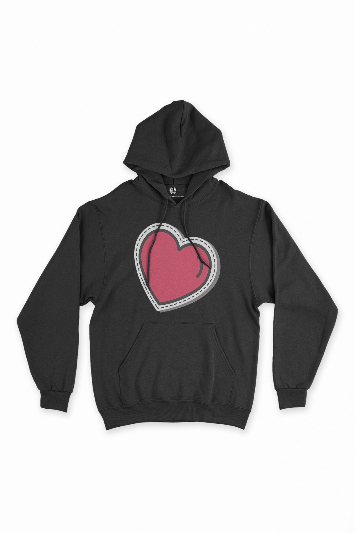 Kalp Çizimli Siyah Kapşonlu Sweatshirt Hoodie
