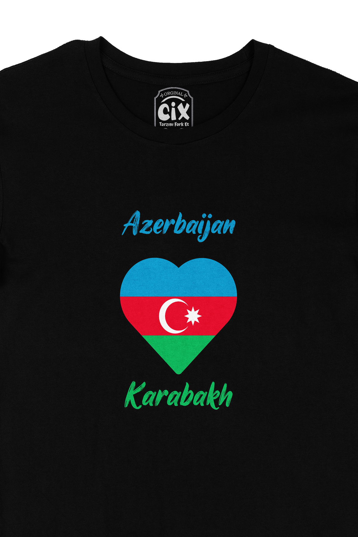 Karabağ Azerbaycan Bayraklı Kalpli Siyah Tişört