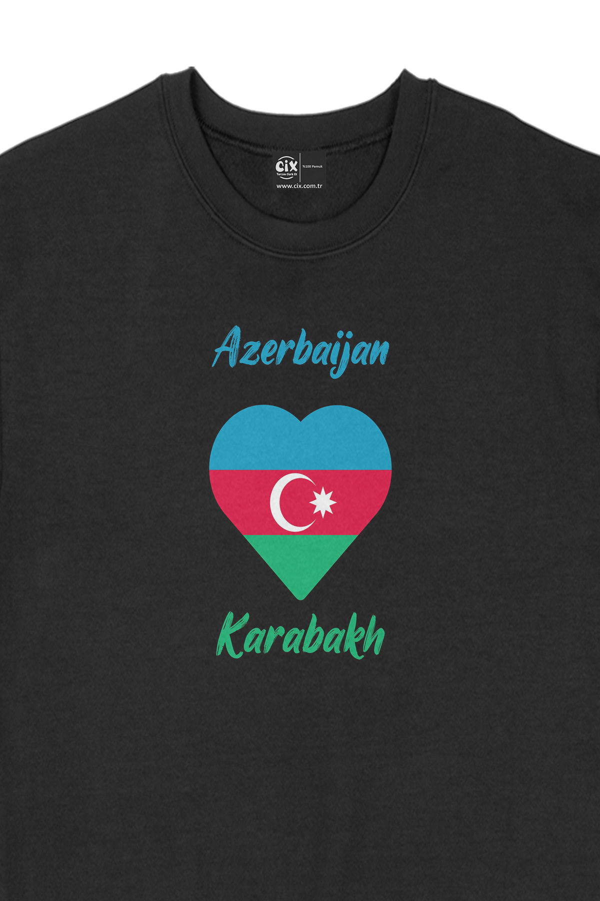 Karabağ Azerbaycan Bayraklı Kalpli Siyah Sweatshirt