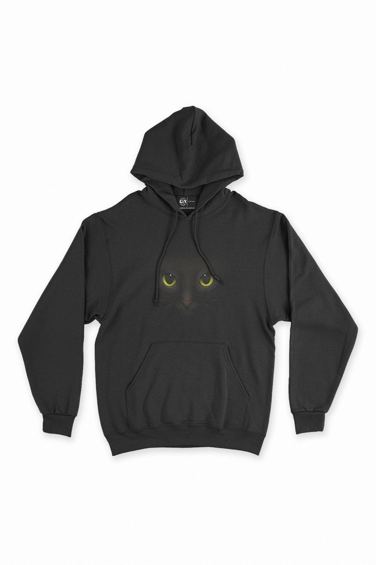 Kedi Tasarımlı Siyah Kapşonlu Sweatshirt Hoodie