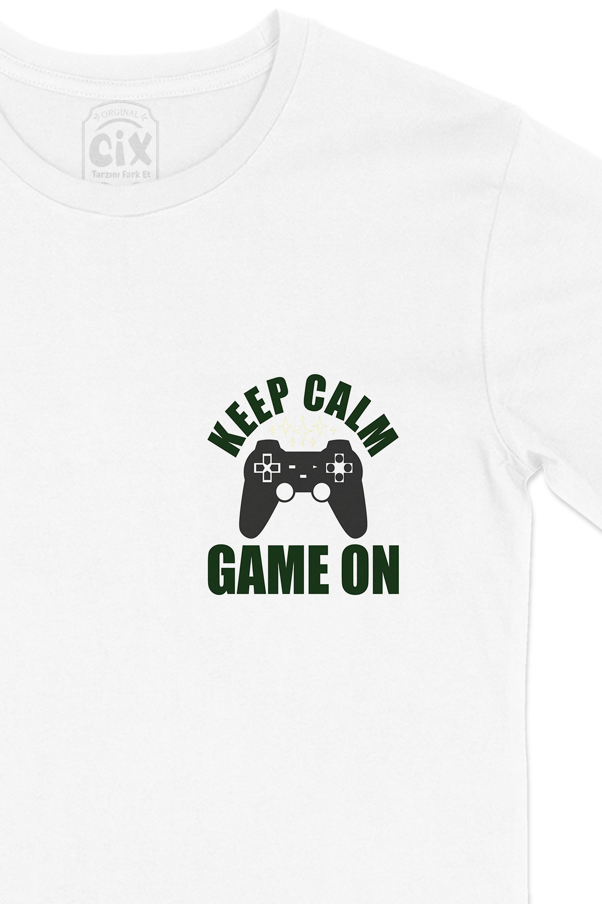 Keep Calm Game On Cep Logo Tasarımlı Beyaz Tişört