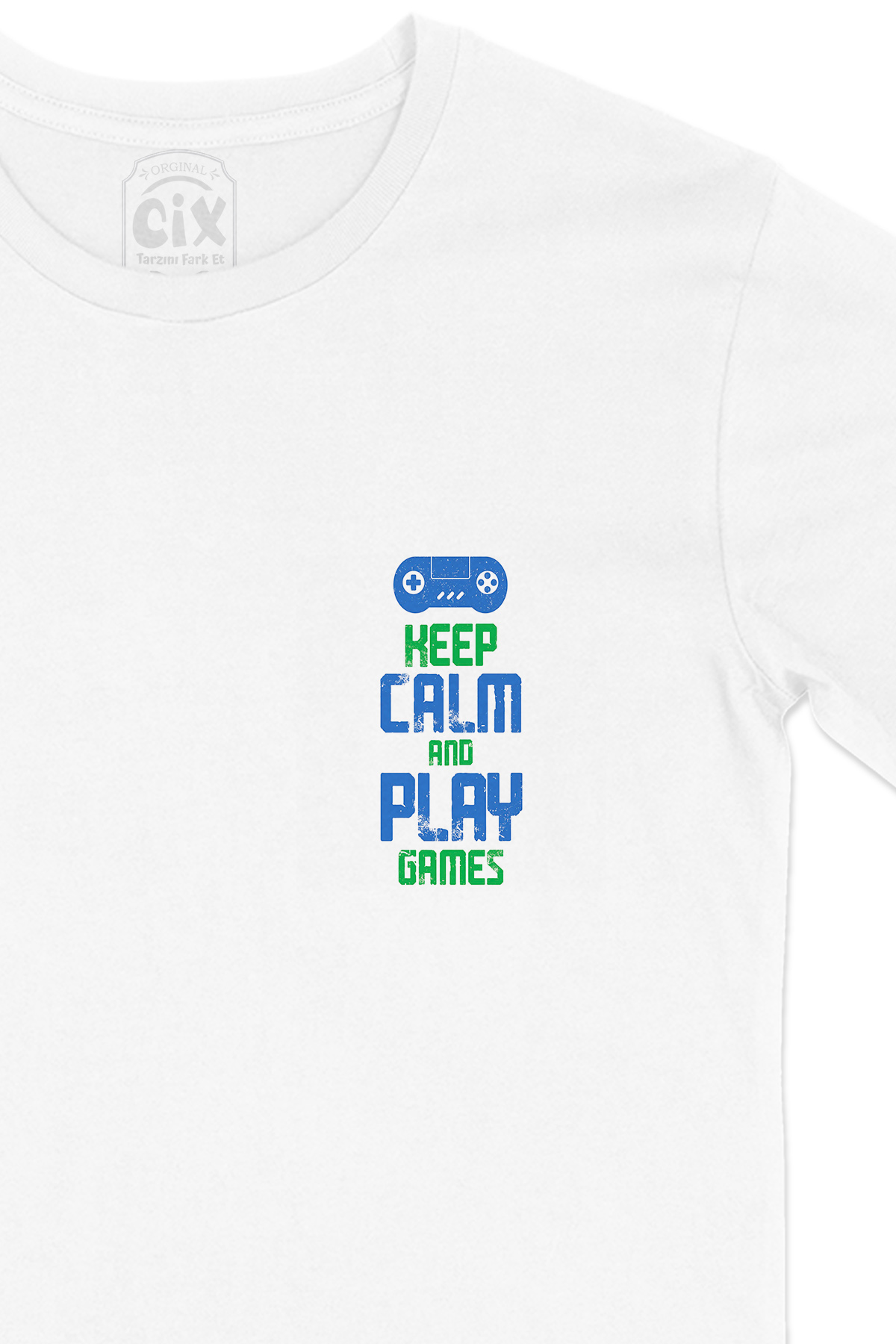 Keep Calm Play Game Cep Logo Tasarımlı Beyaz Tişört