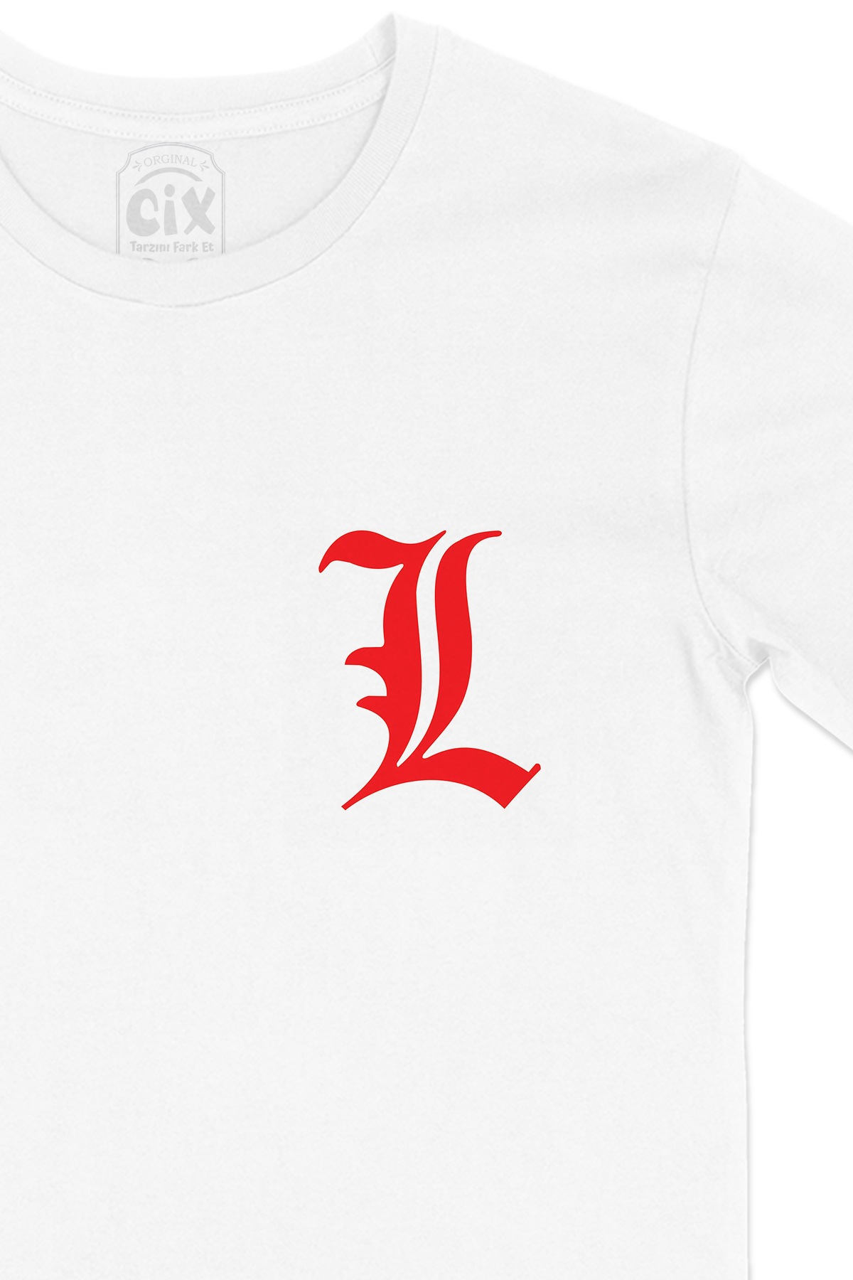 Kırmızı Death Note L Logolu Cep Logo Tasarımlı Beyaz Tişört