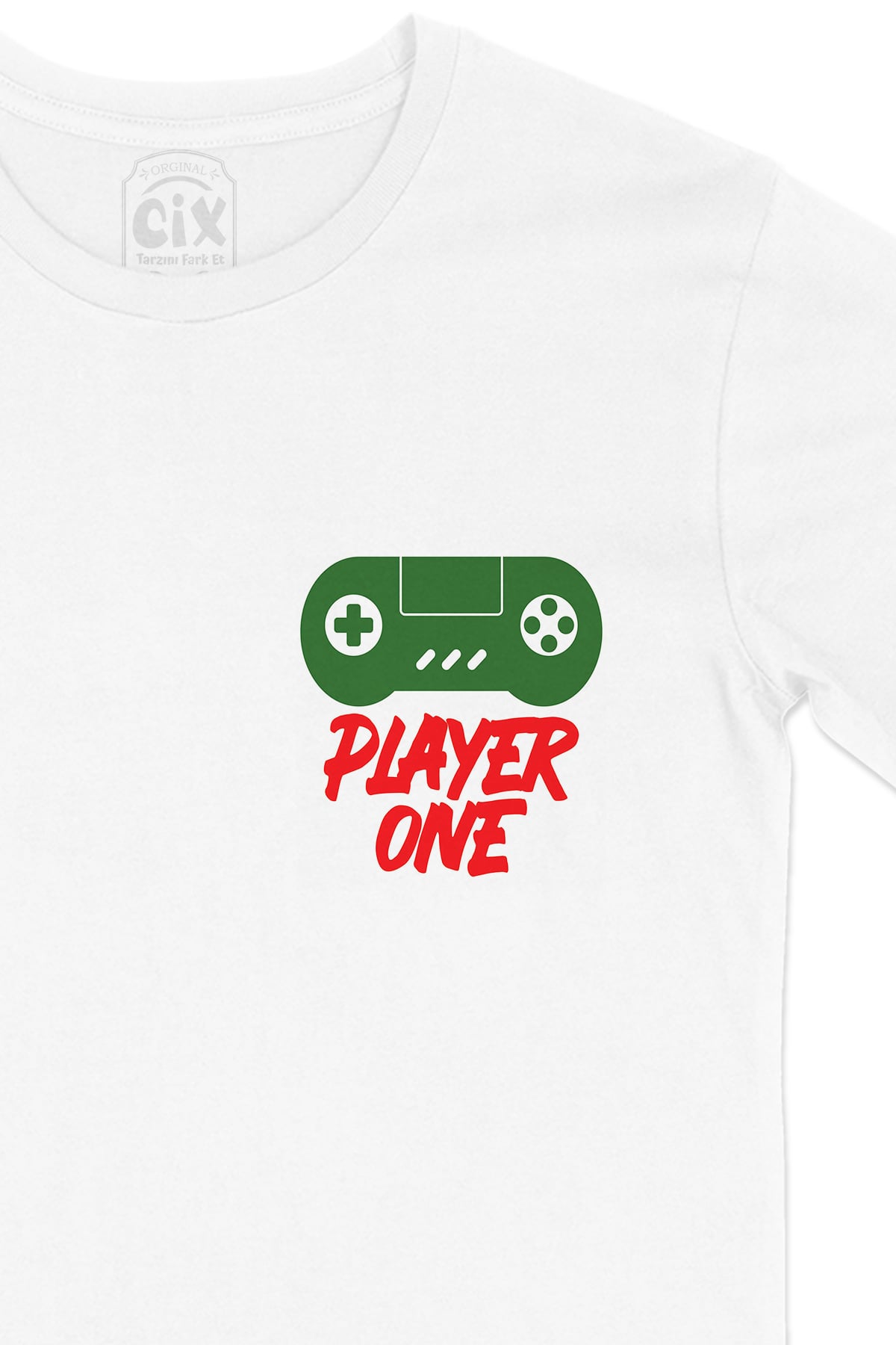 Kırmızı Player One  Cep Logo Tasarımlı Beyaz Tişört