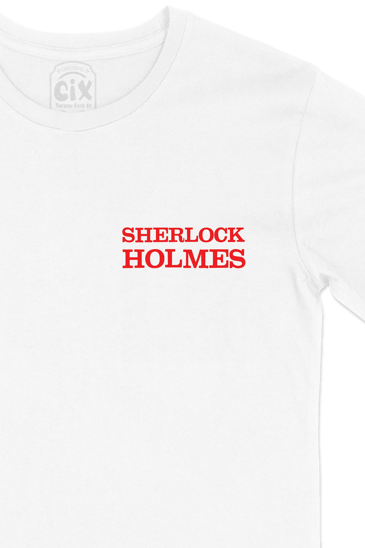 Kırmızı Sherlock Holmes Cep Logo Tasarımlı Beyaz Tişört