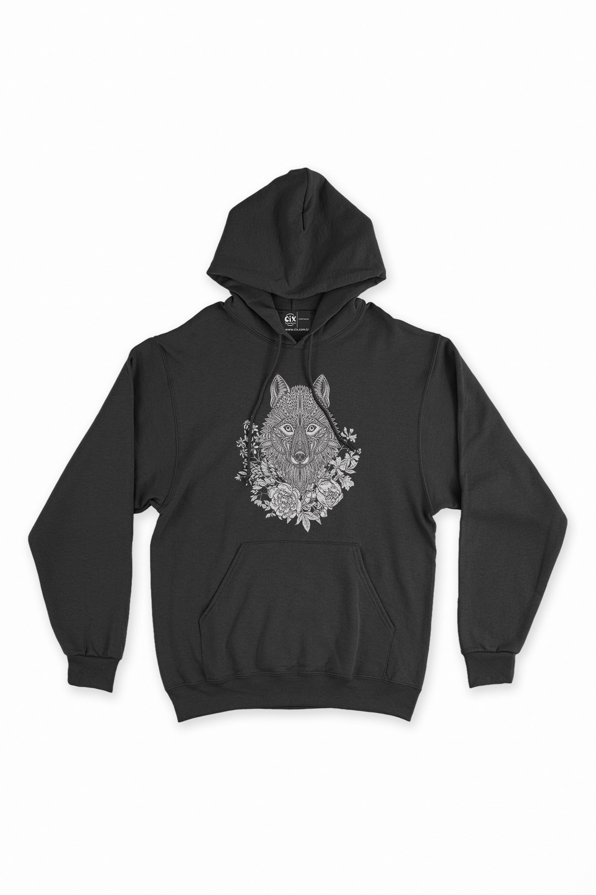 Kurt Çiçekli Mandala Siyah Kapşonlu Sweatshirt Hoodie