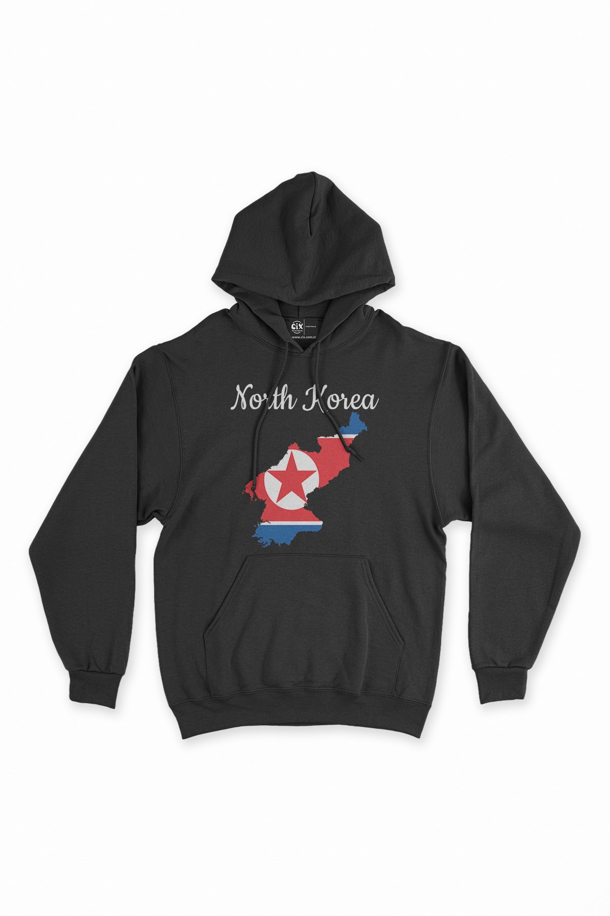 Kuzey Kore Haritalı ve Bayraklı Siyah Kapşonlu Sweatshirt Hoodie