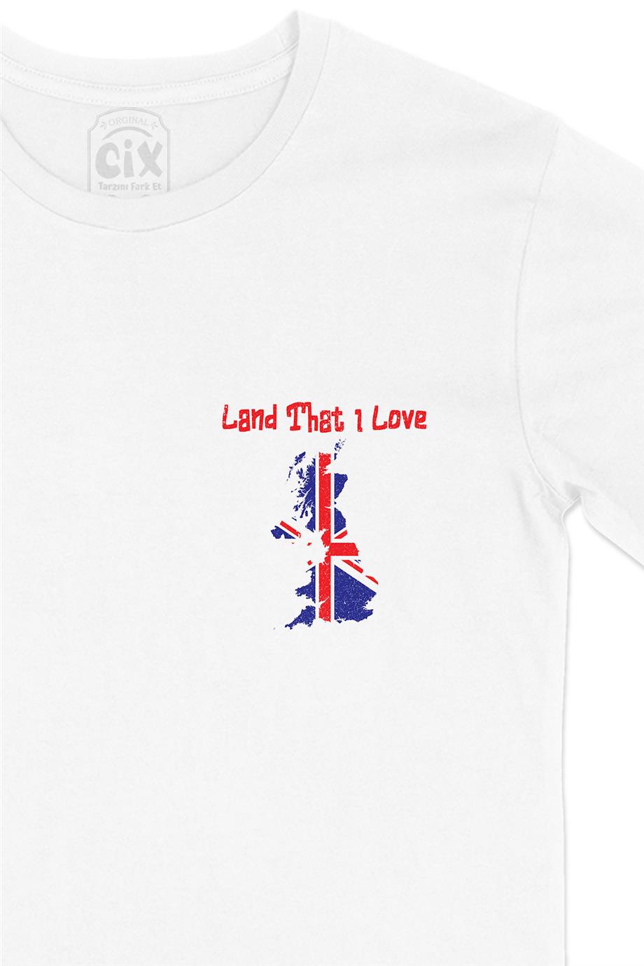 Land That I Love İngiltere Cep Tasarım Baskılı Beyaz Tişört