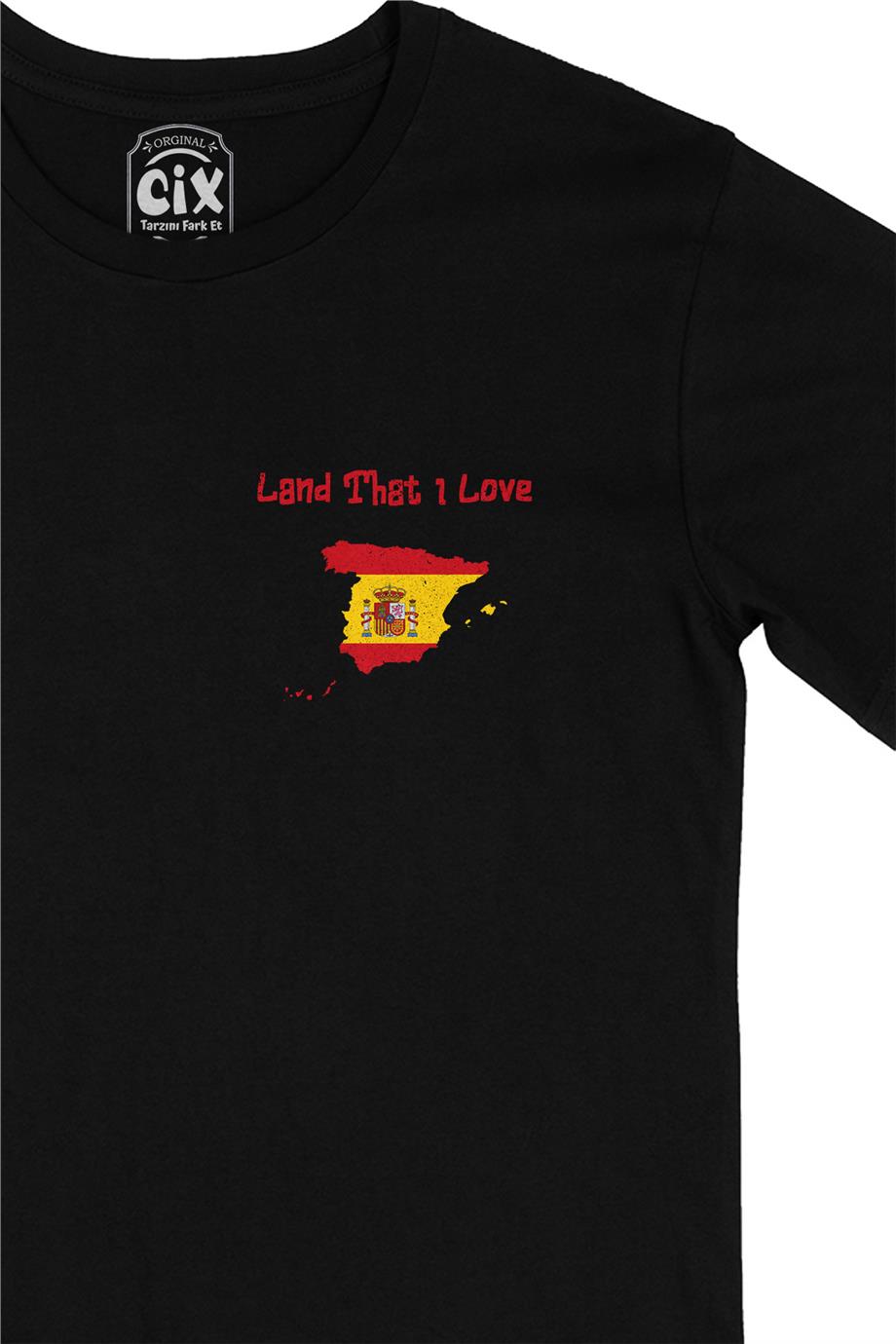 Land That I Love İspanya Cep Tasarım Baskılı Siyah Tişört