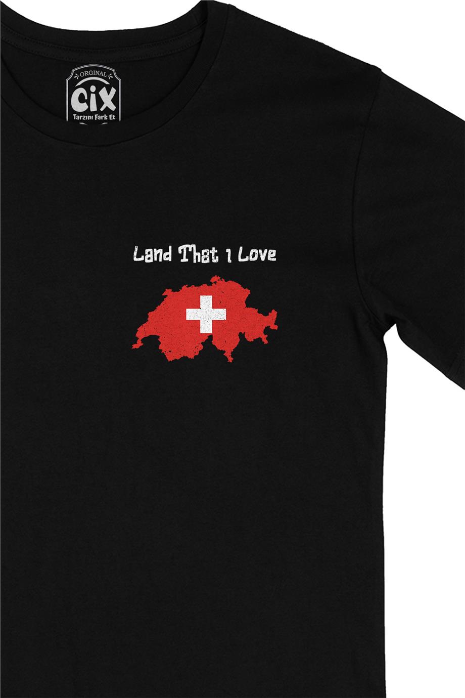 Land That I Love İsviçre Cep Tasarım Baskılı Siyah Tişört