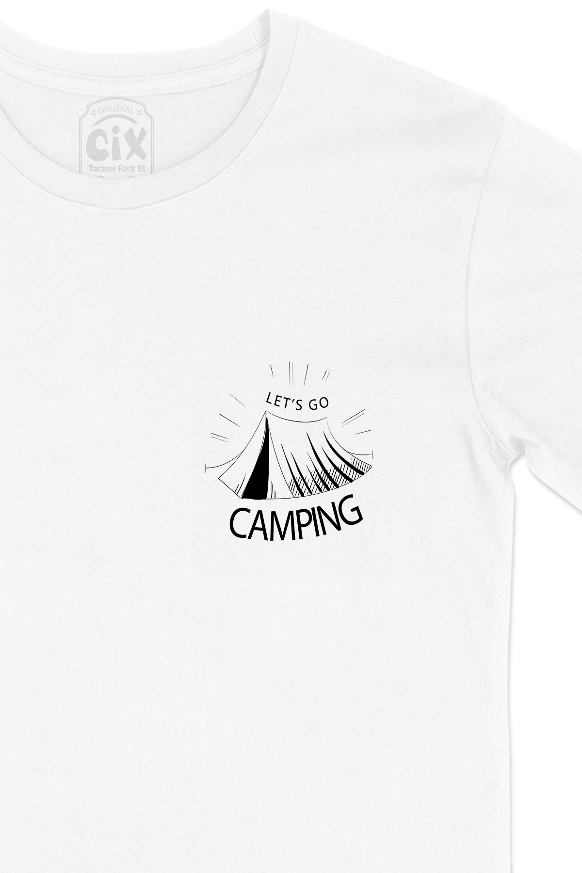 Lets Go Camping Çadırlı Cep Logo Tasarımlı Beyaz Tişört