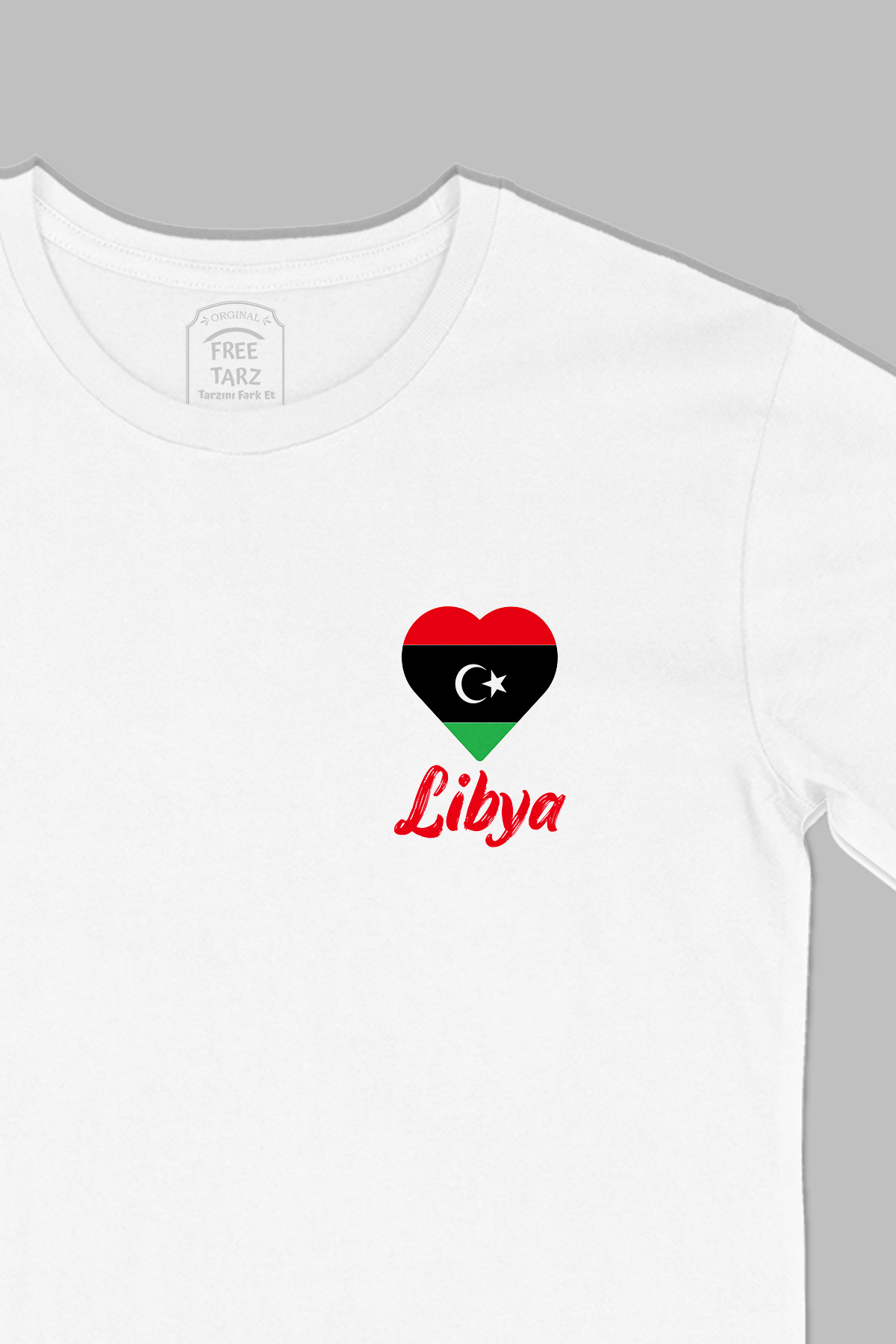 Libya Baskılı Cep Tasarım Beyaz Tişört