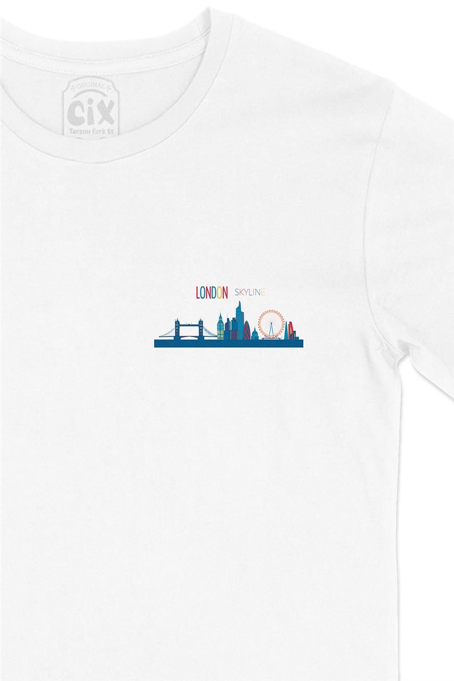 London Londra Skyline Renkli Cep Tasarım Baskılı Beyaz Tişört