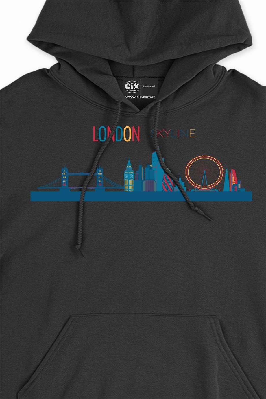 London Londra Skyline Renkli Kapşonlu Sweatshirt Hoodie