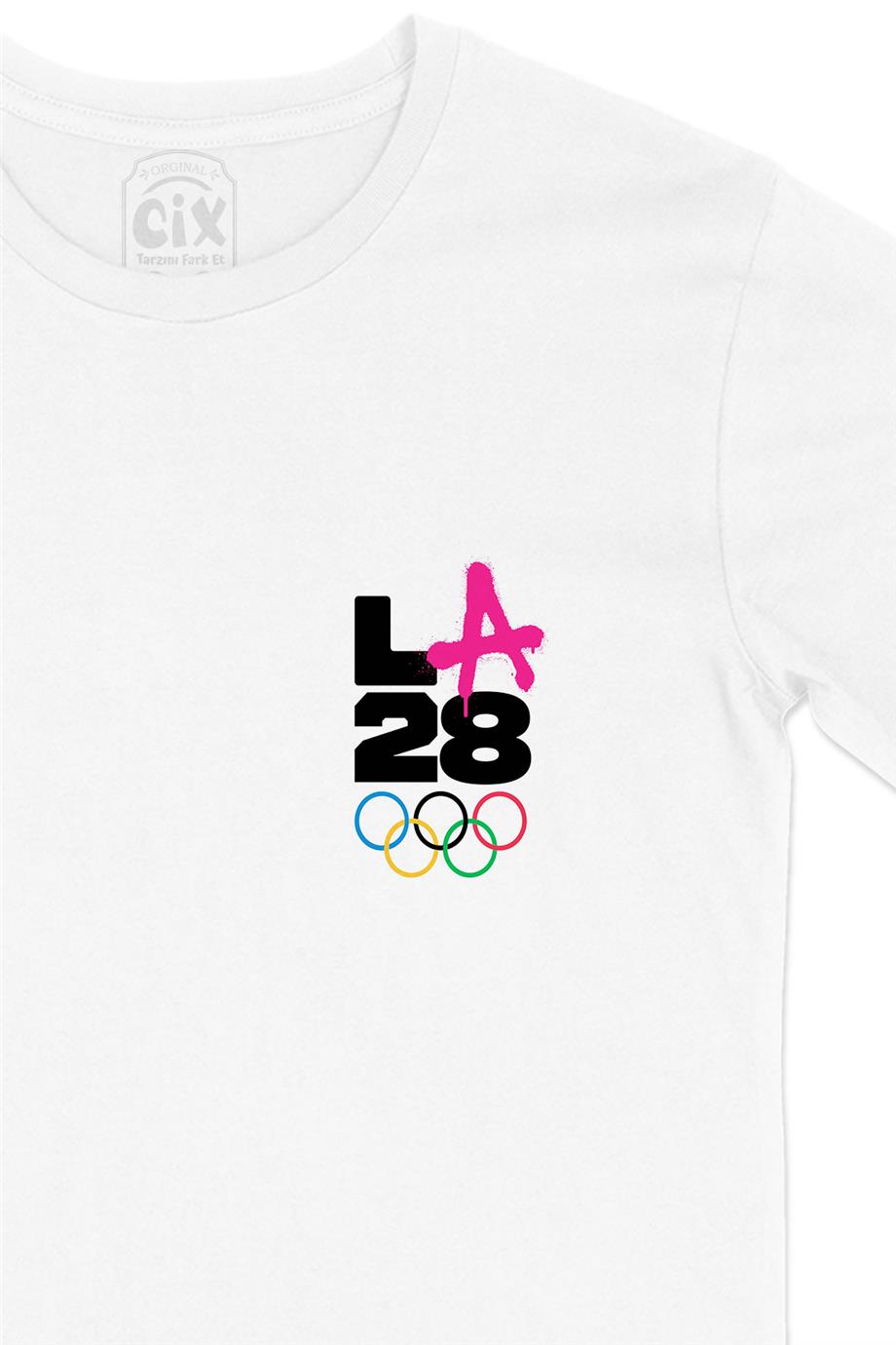 Los Angeles 2028 Olimpiyatları Cep Tasarım Baskılı Beyaz Tişört