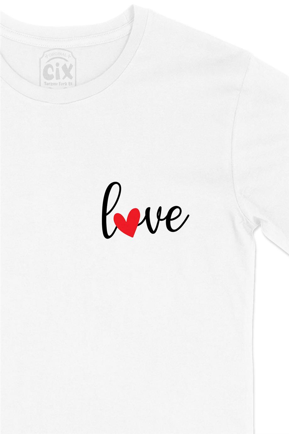 Love Aşk Kalpli Cep Tasarım Baskılı Beyaz Tişört