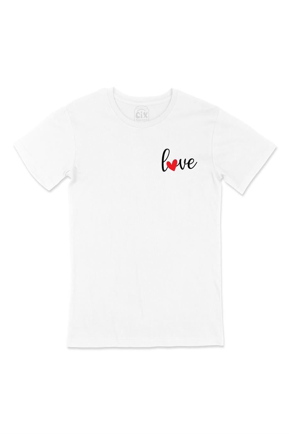 Love Aşk Kalpli Cep Tasarım Baskılı Beyaz Tişört