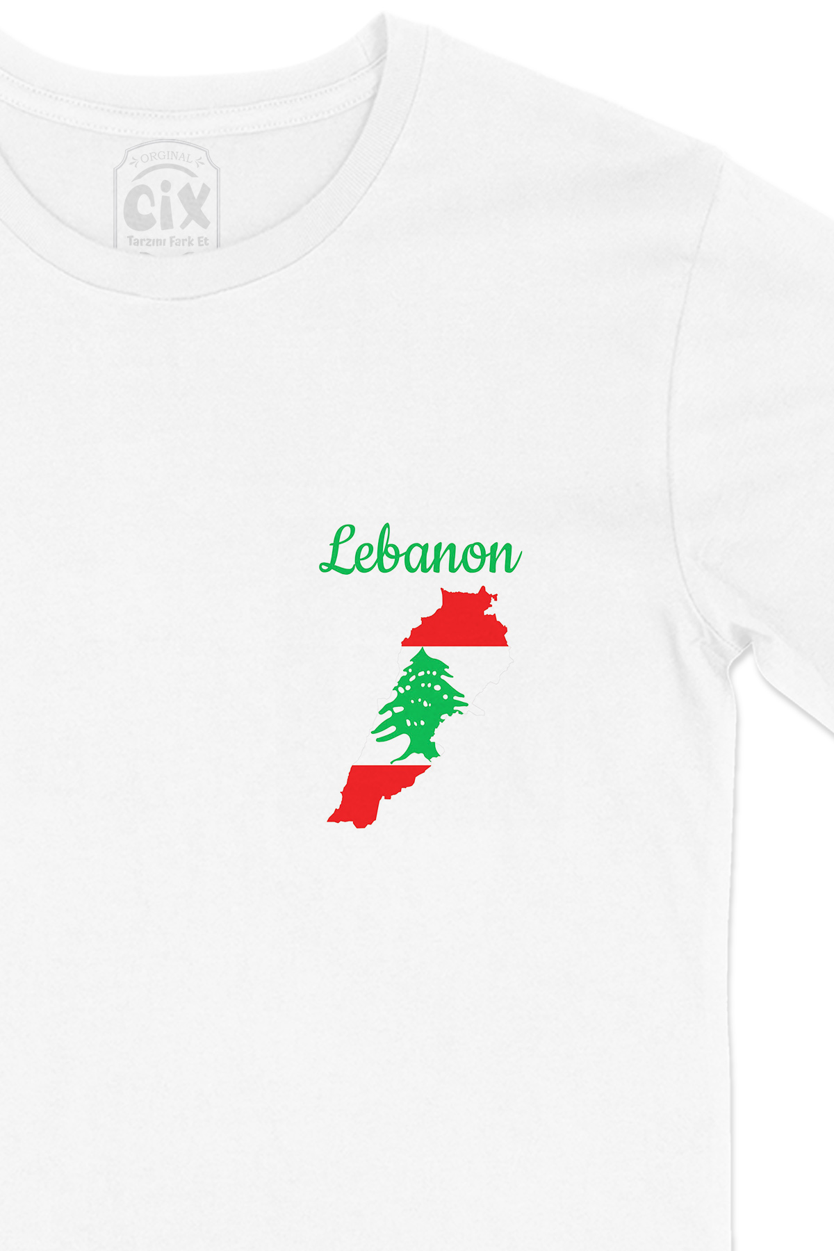 Lübnan Haritalı ve Bayraklı Cep Logo Tasarımlı Beyaz Tişört