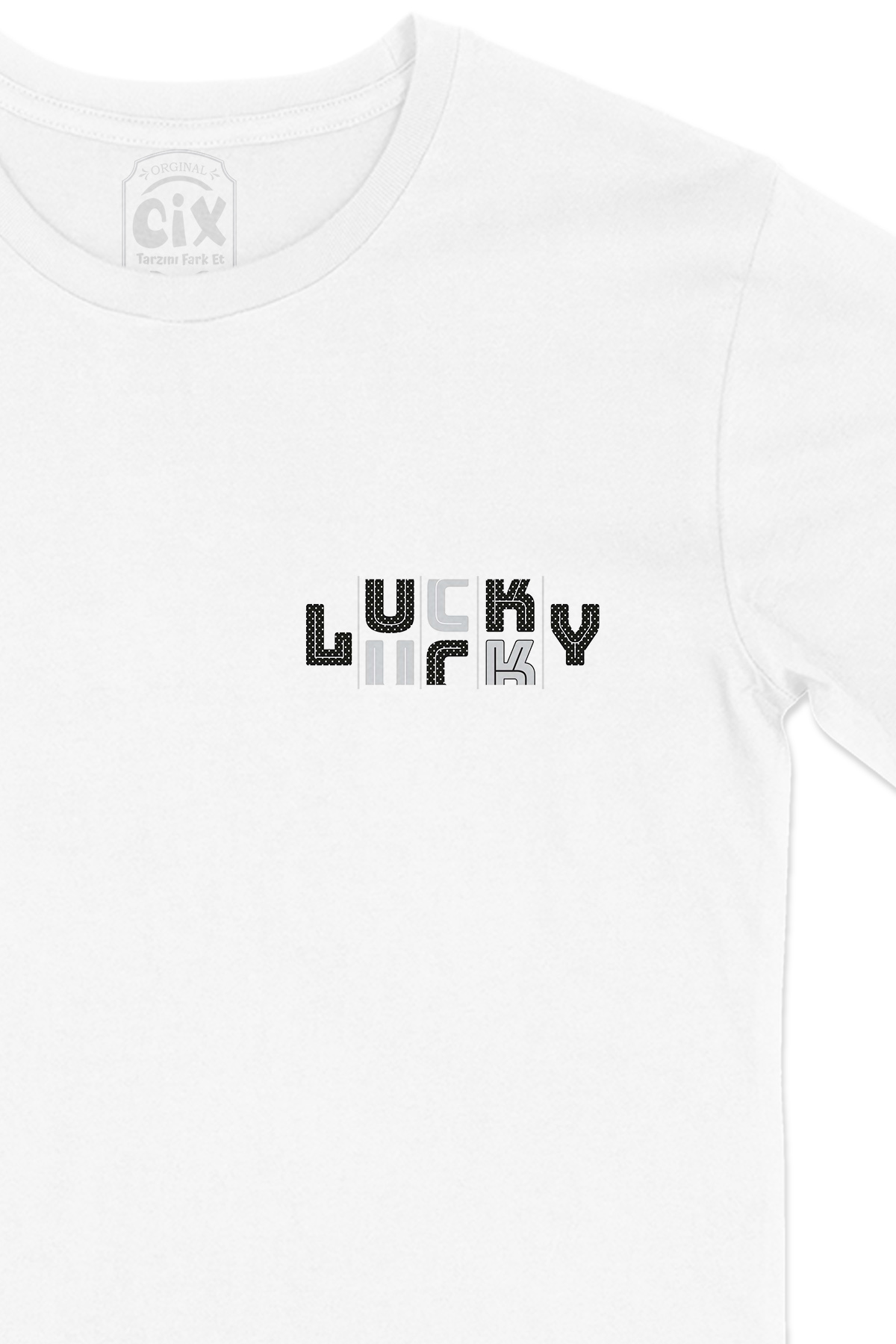 Lucky Şanslı Cep Logo Tasarımlı Beyaz Tişört