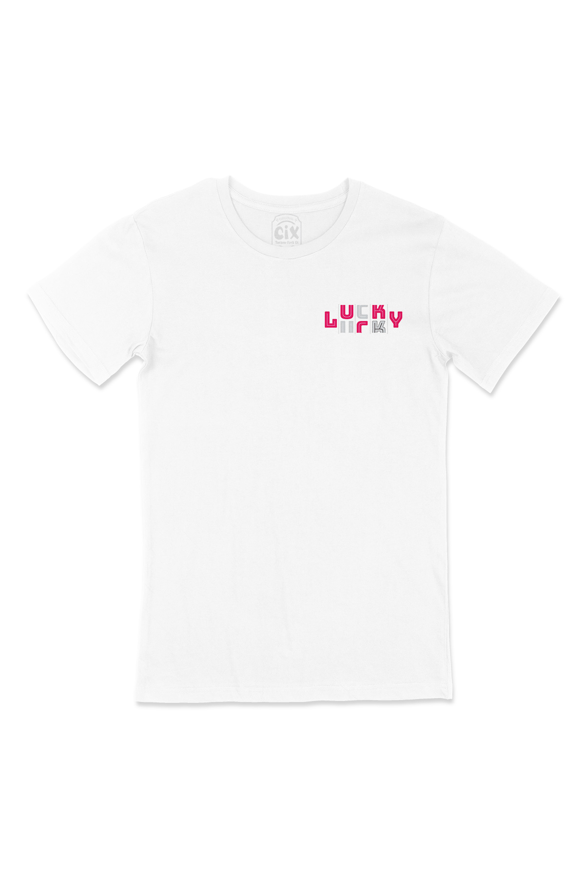 Lucky Şanslı Pembe Cep Logo Tasarımlı Beyaz Tişört