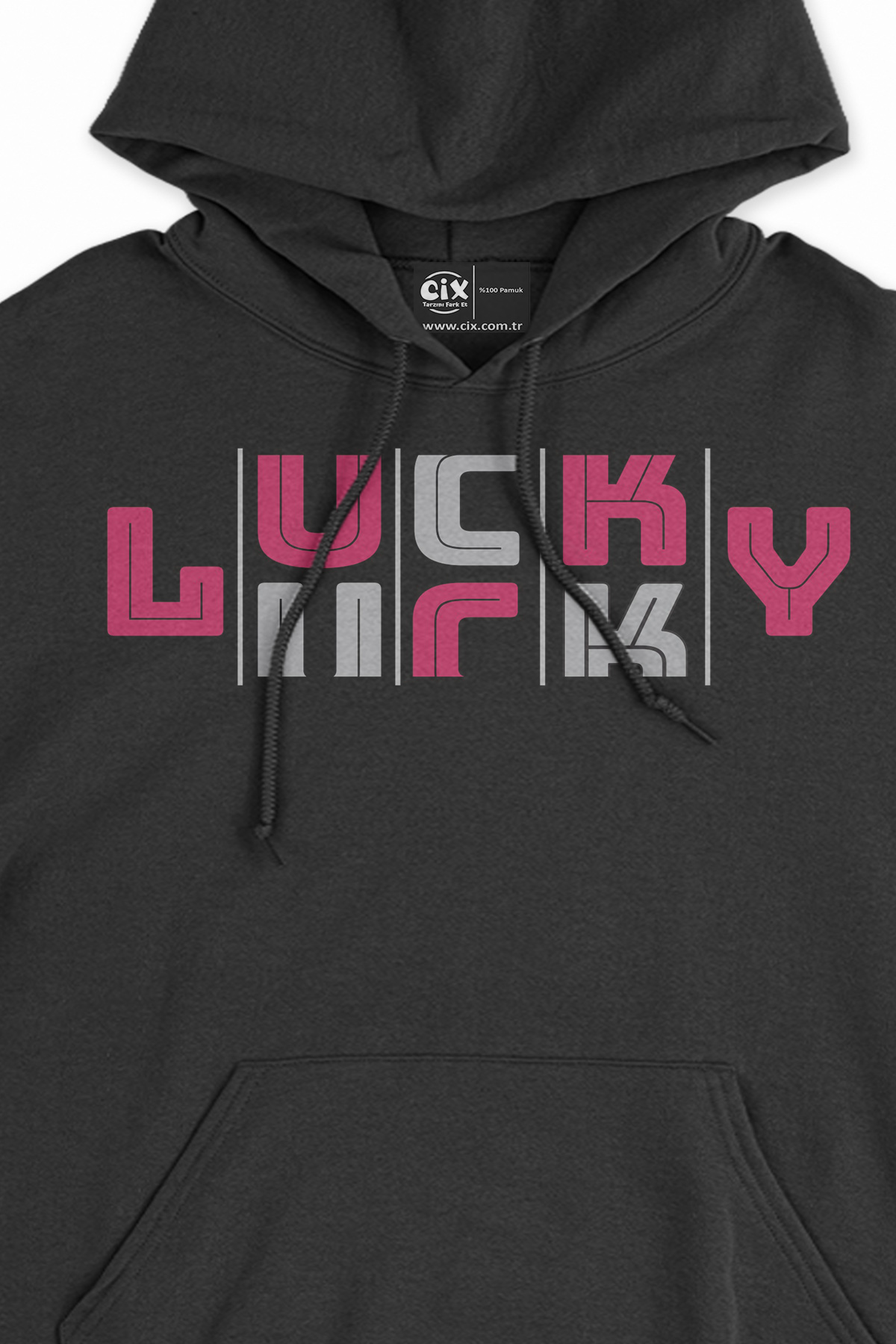 Lucky Şanslı Pembe Siyah Sweatshirt Hoodie