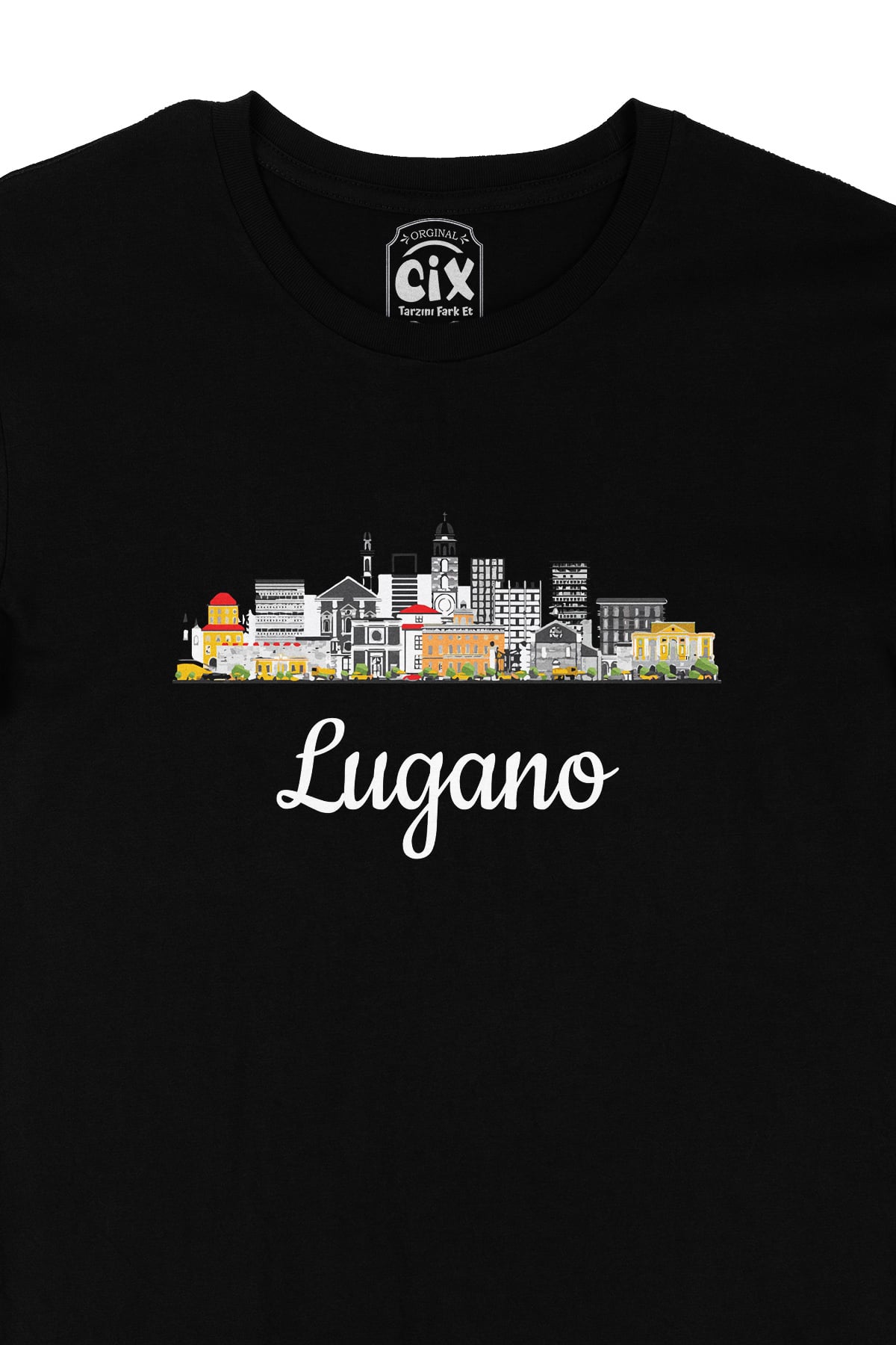 Lugano Manzaralı Siyah Tişört