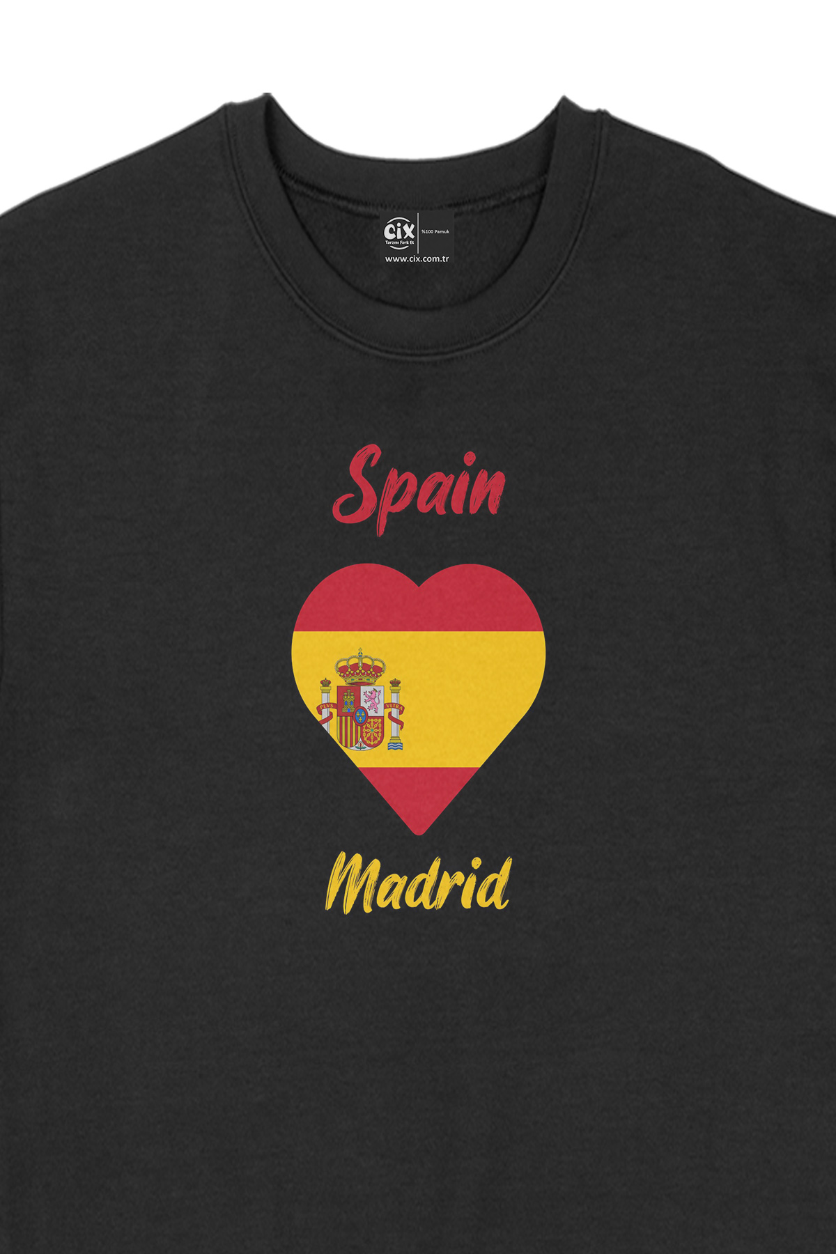 Madrid İspanya Bayraklı Kalpli Siyah Sweatshirt