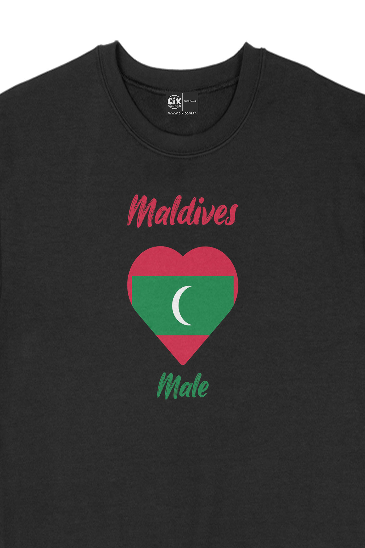Male Maldivler Bayraklı Kalpli Siyah Sweatshirt