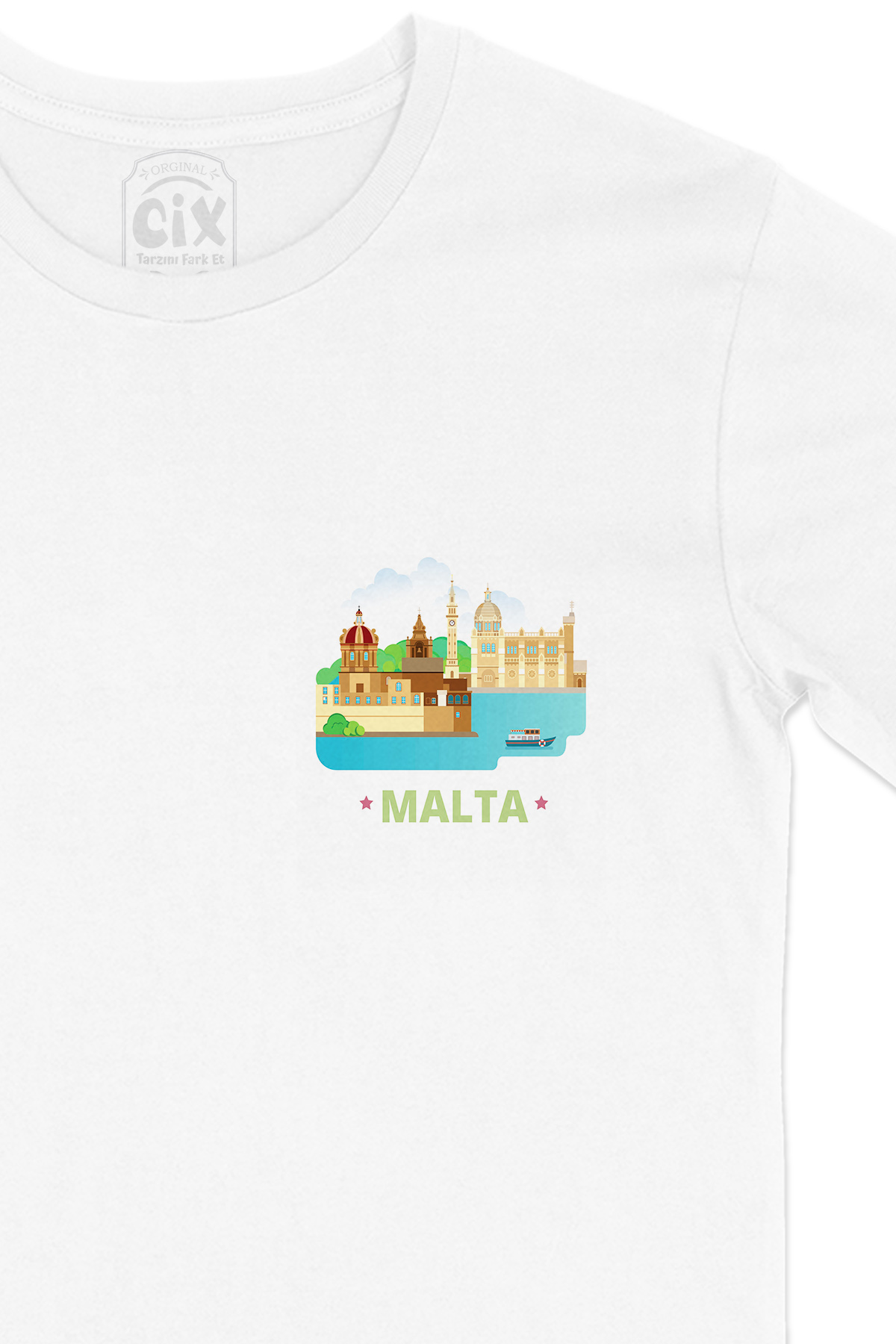Malta Cep Logo Tasarımlı Beyaz Tişört