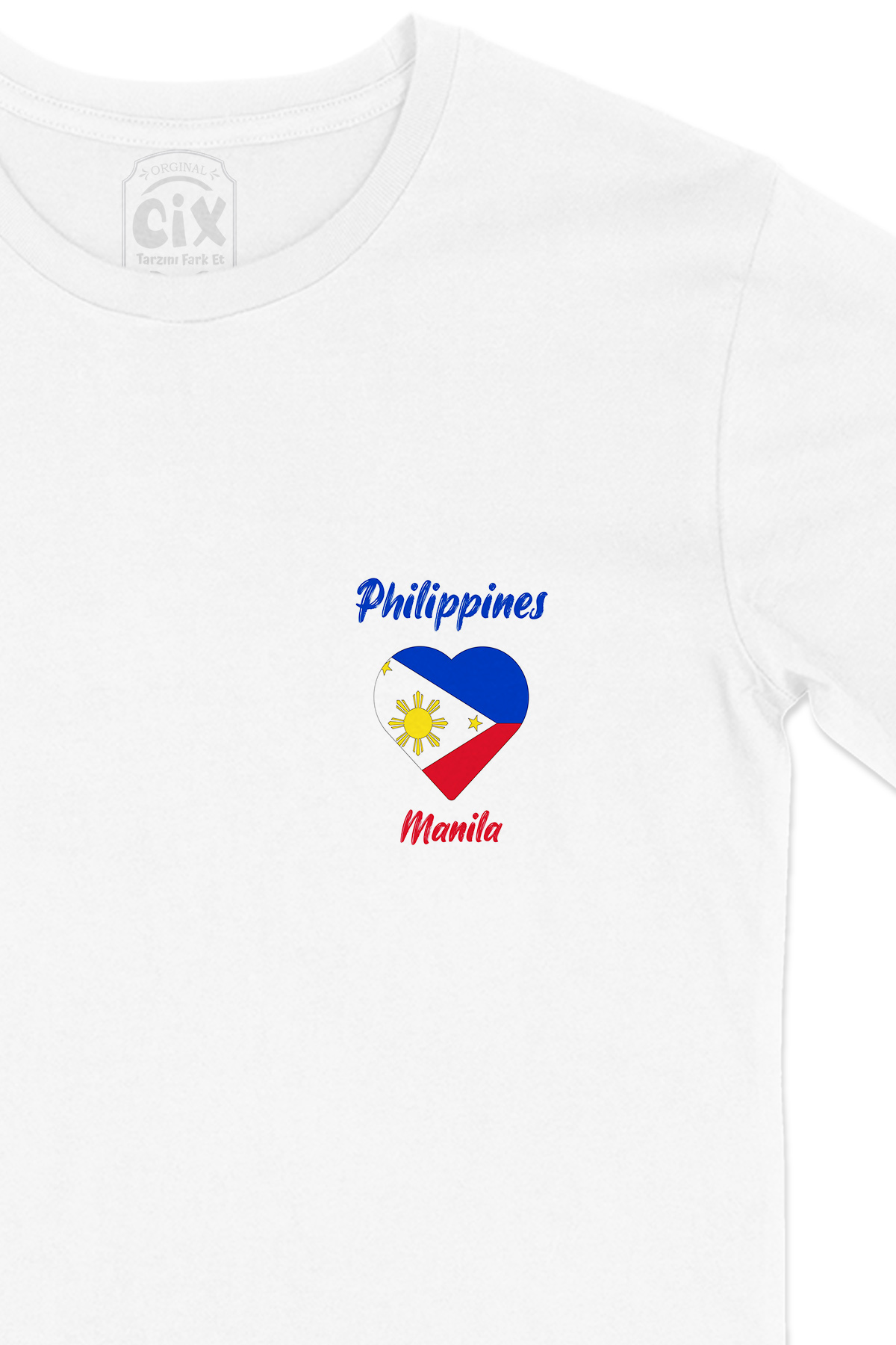 Manila Filipinler Bayraklı Kalpli Cep Logo Tasarımlı Beyaz Tişört