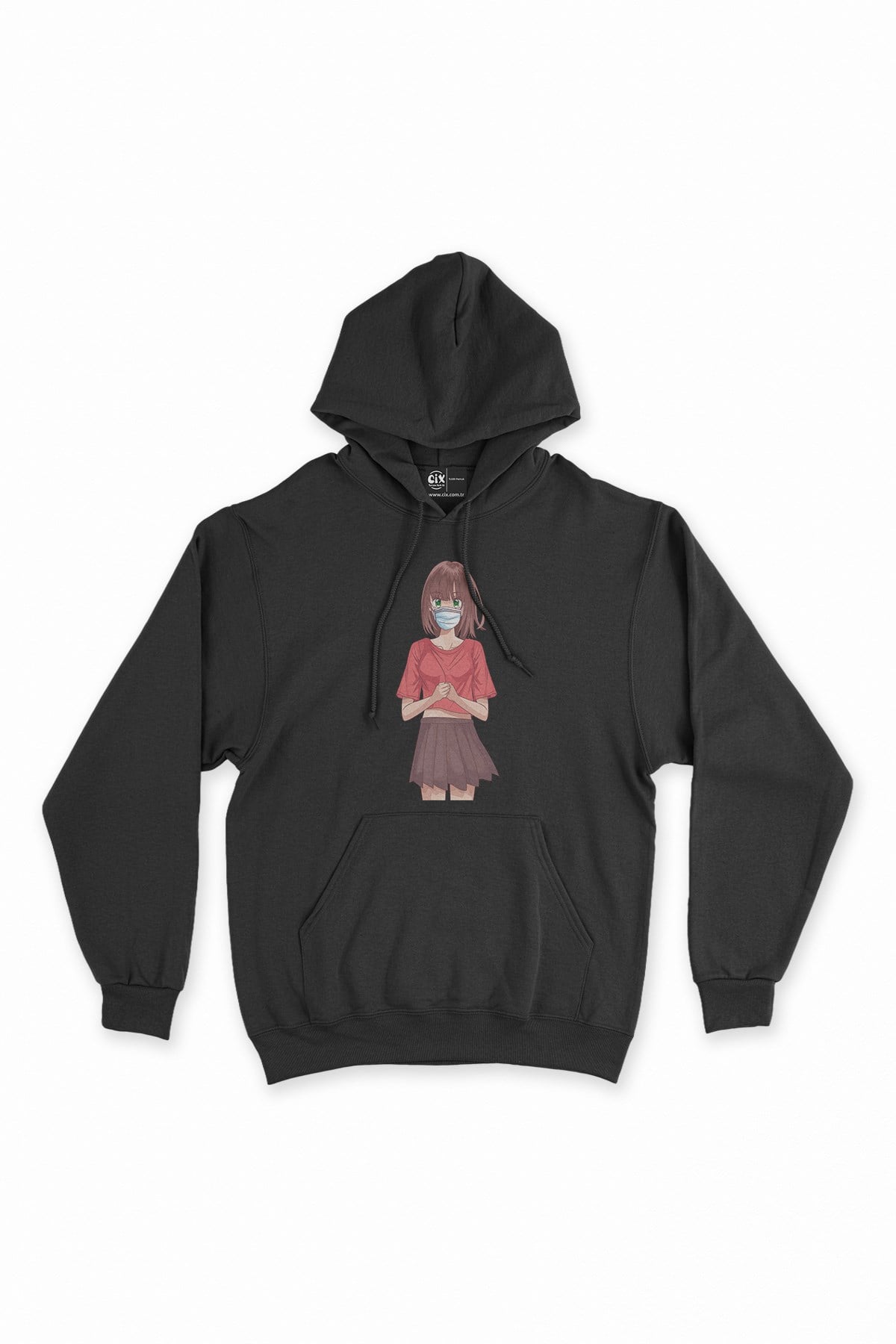 Maskeli Anime Kız Siyah Kapşonlu Sweatshirt Hoodie