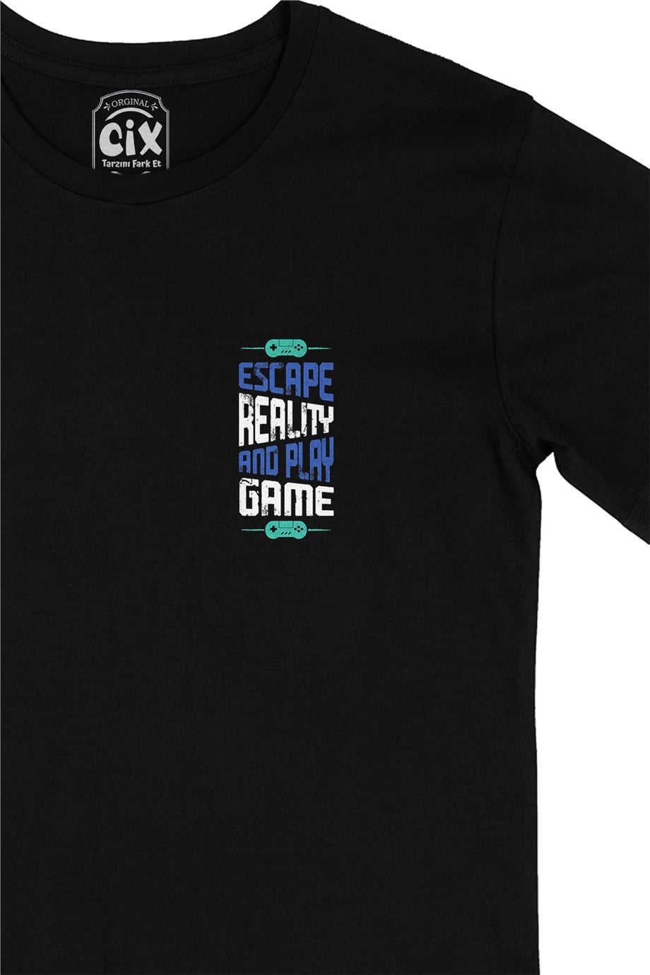 Mavi Escape Reality Cep Logo Tasarımlı Siyah Tişört