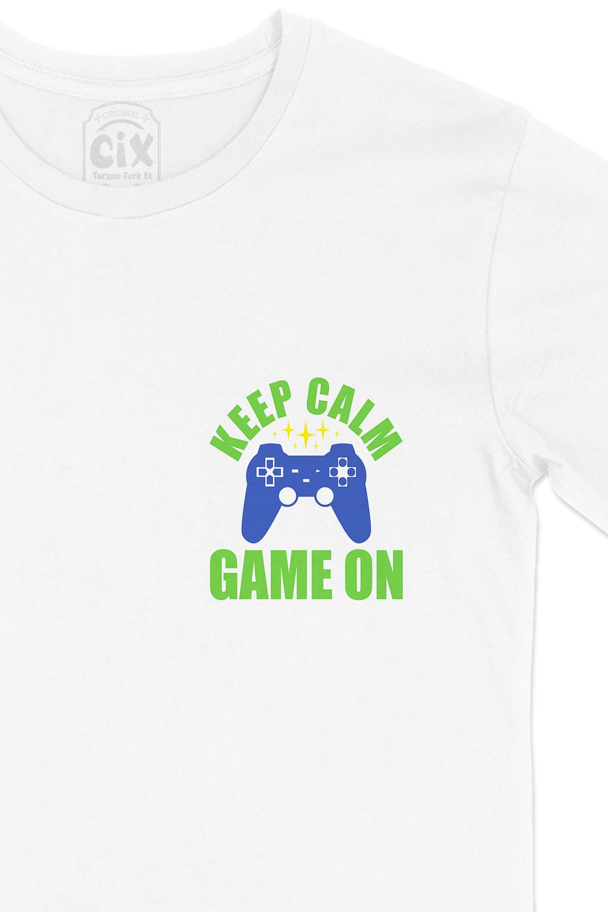 Mavi Keep Calm Game On Cep Logo Tasarımlı Beyaz Tişört