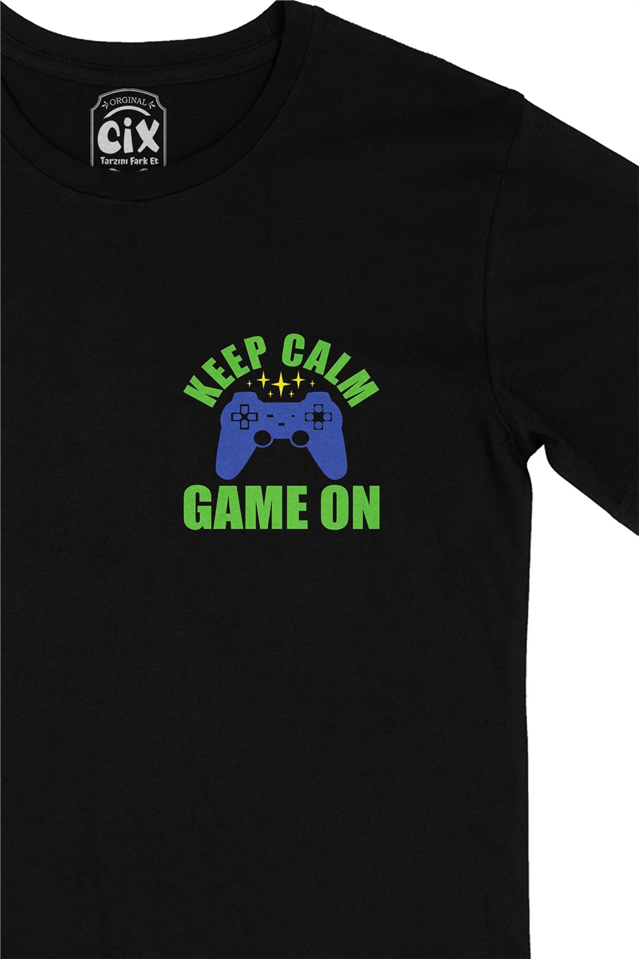 Mavi Keep Calm Game On Cep Logo Tasarımlı Siyah Tişört