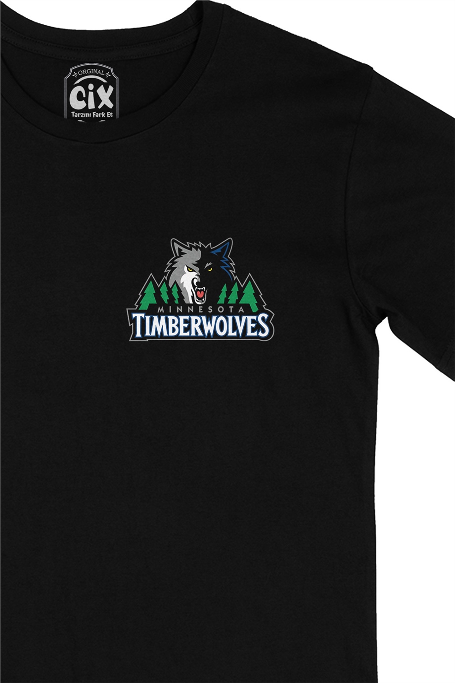 Mavi Minnesota Timberwolves Cep Logo Tasarımlı Siyah Tişört