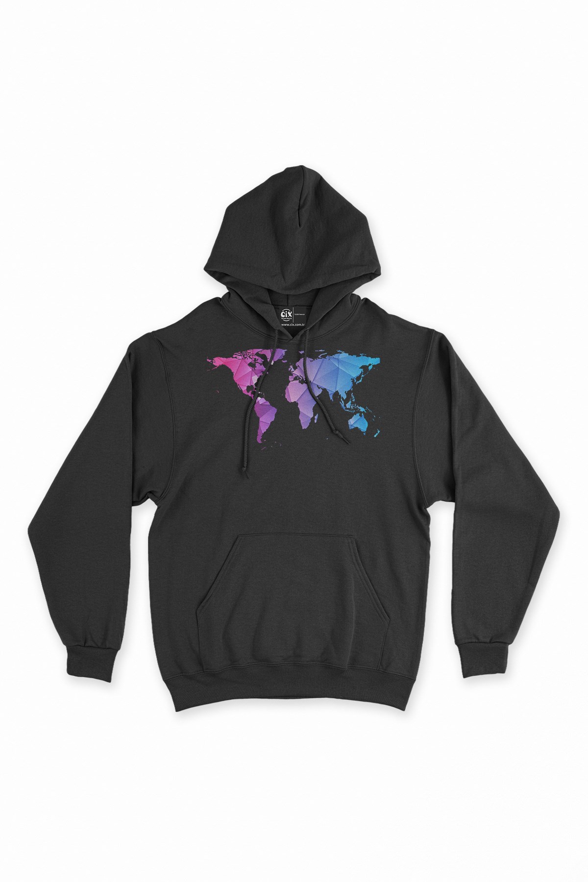 Mavi Mor Dünya Haritası Kapşonlu Sweatshirt Hoodie