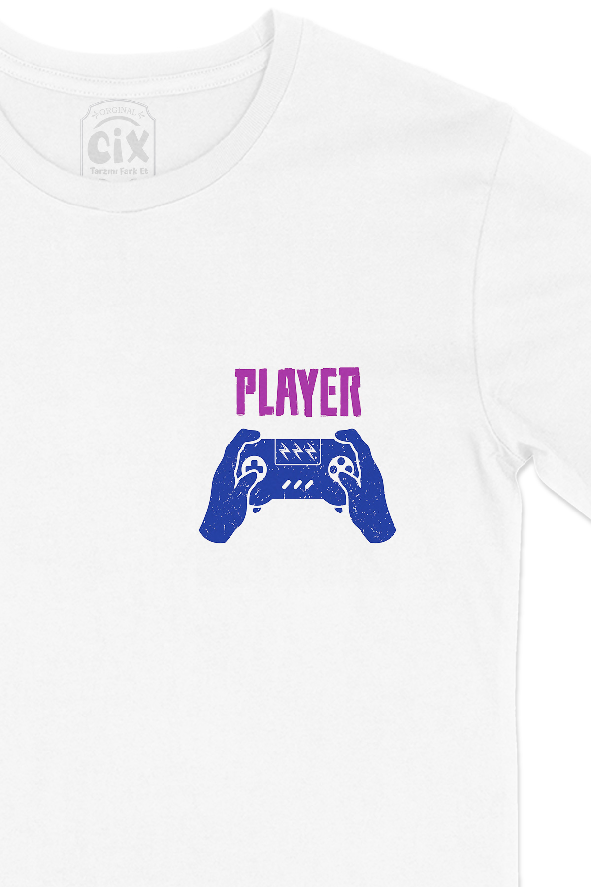 Mavi Player Cep Logo Tasarımlı Beyaz Tişört
