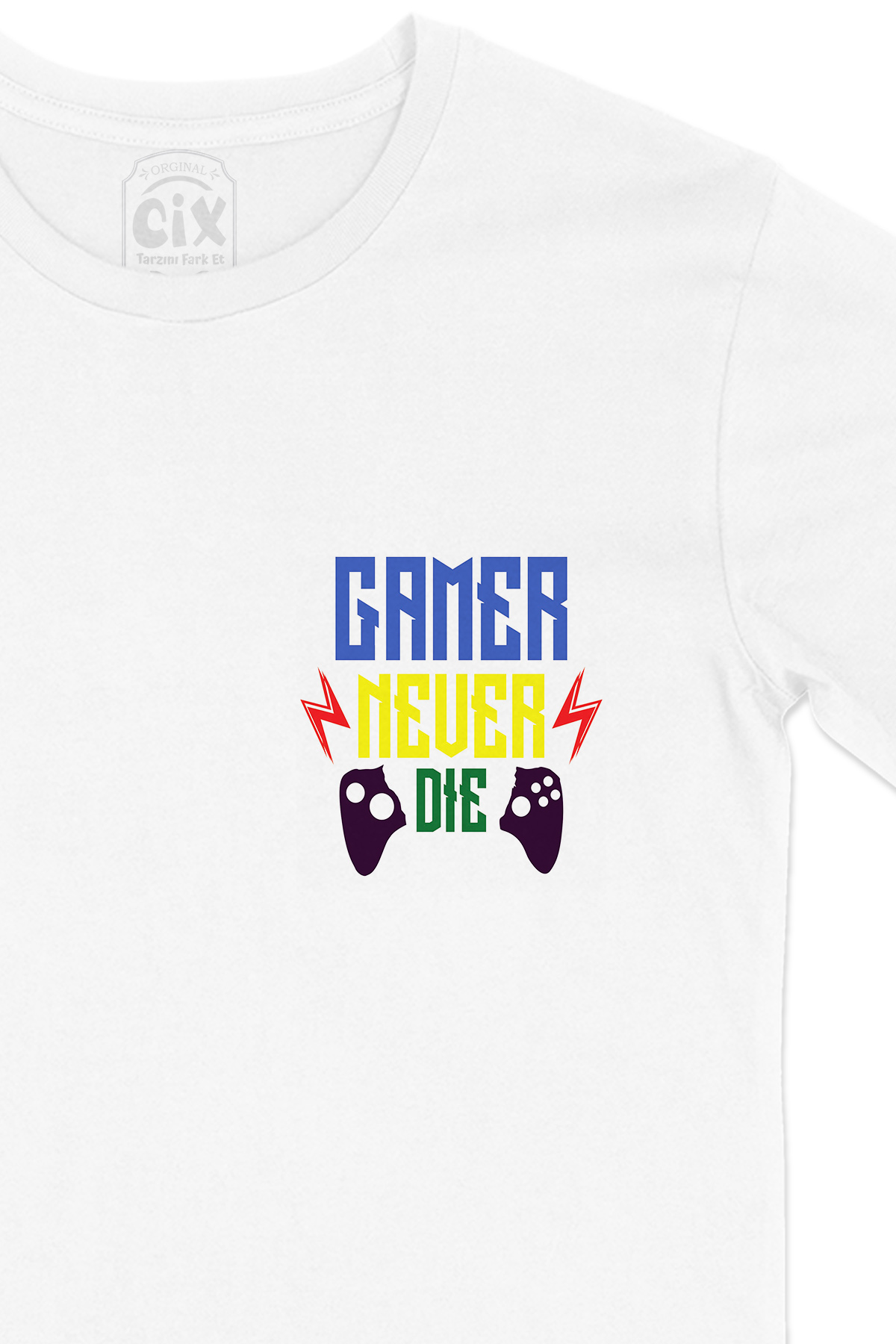 Mavii Gamer Never Die Cep Logo Tasarımlı Beyaz Tişört