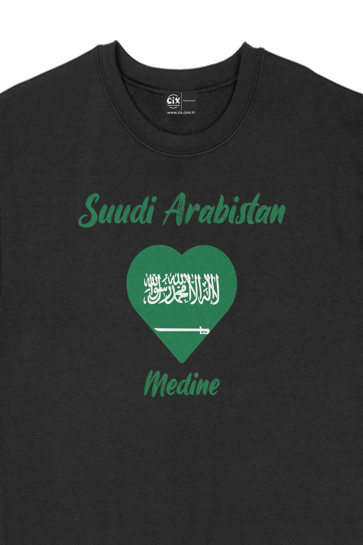 Medine Suudi Arabistan Bayraklı Kalpli Siyah Sweatshirt