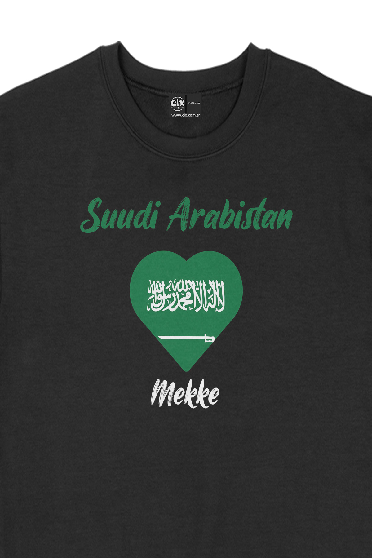Mekke Suudi Arabistan Bayraklı Kalpli Siyah Sweatshirt