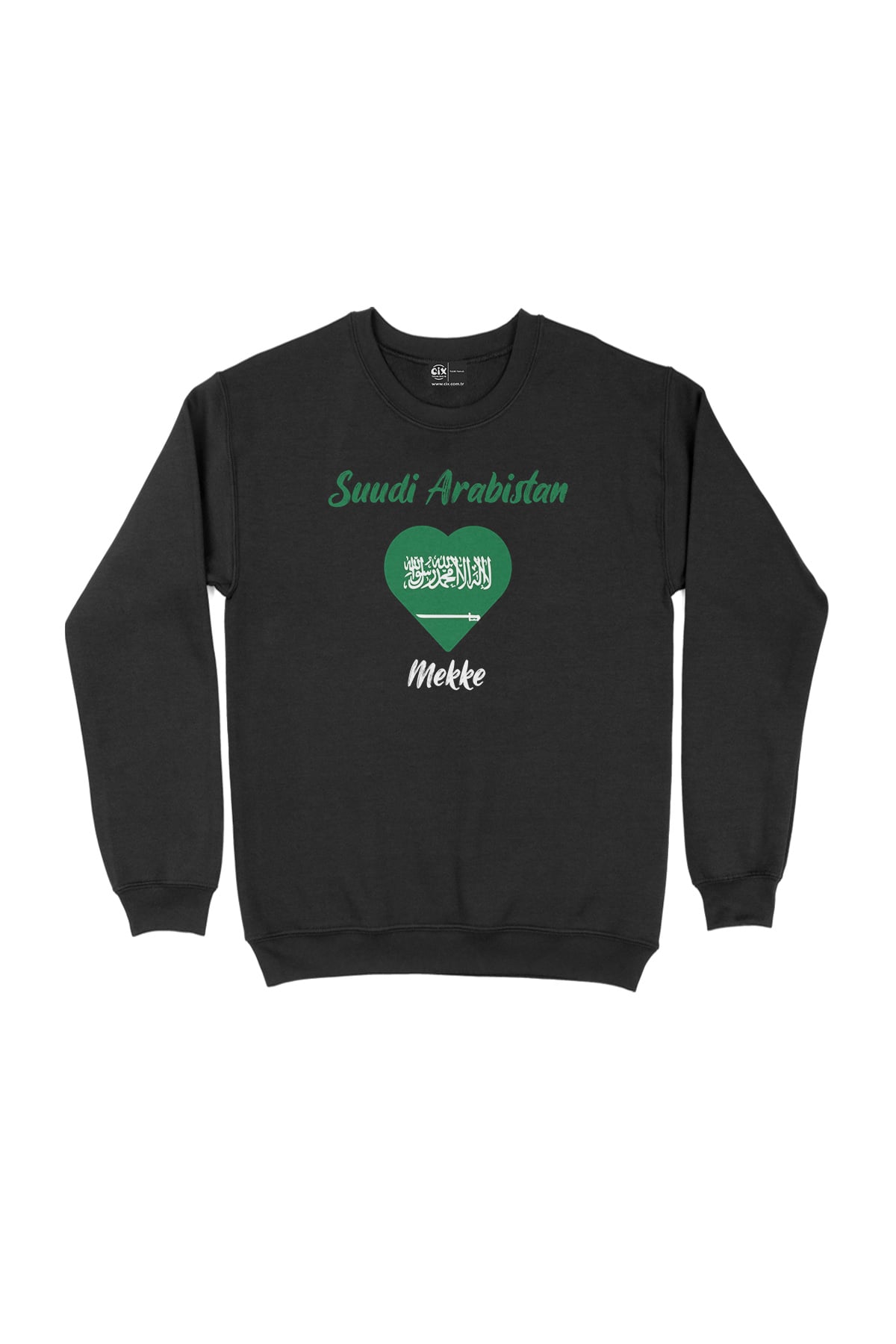 Mekke Suudi Arabistan Bayraklı Kalpli Siyah Sweatshirt